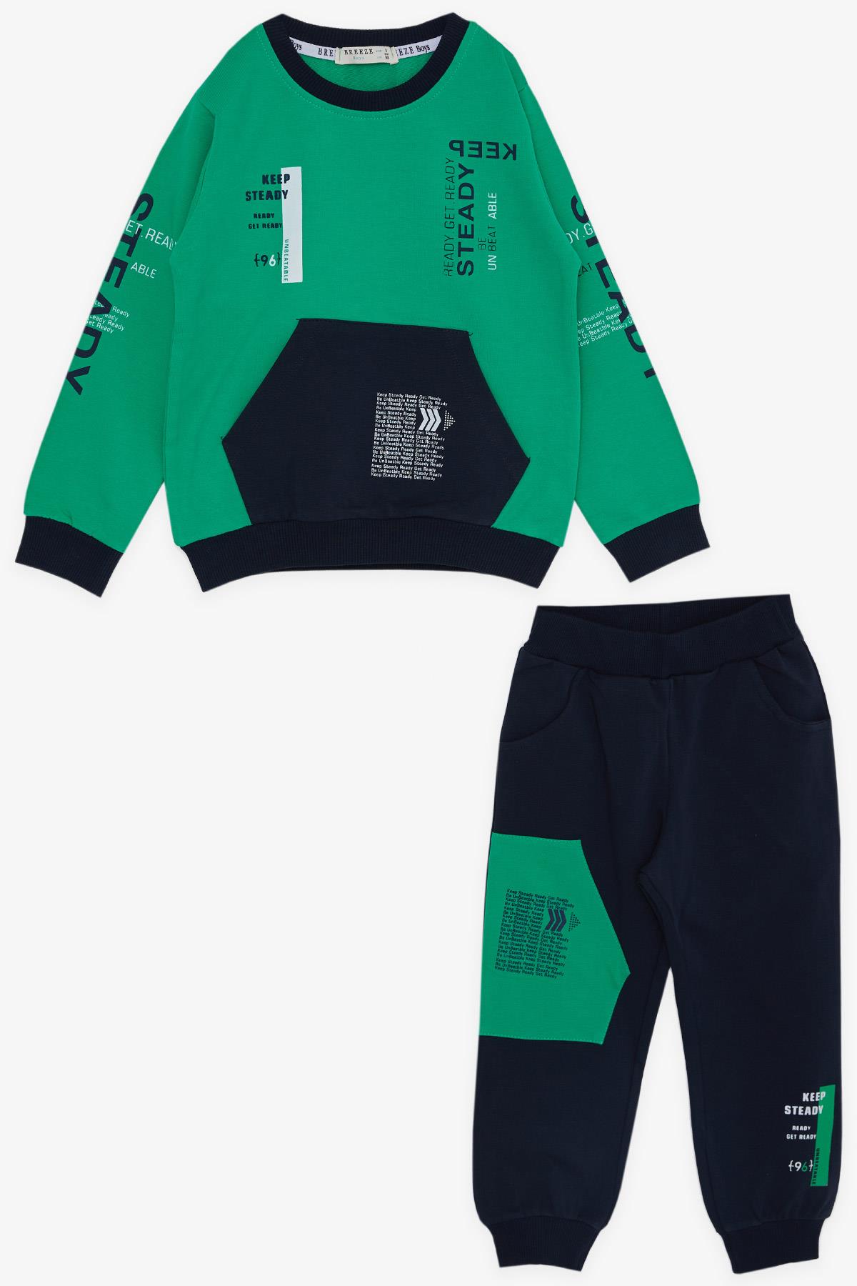 Breeze Erkek Çocuk EşofmanTakımı Kanguru Cepli Yazı Baskılı Yeşil (3-7 Yaş)