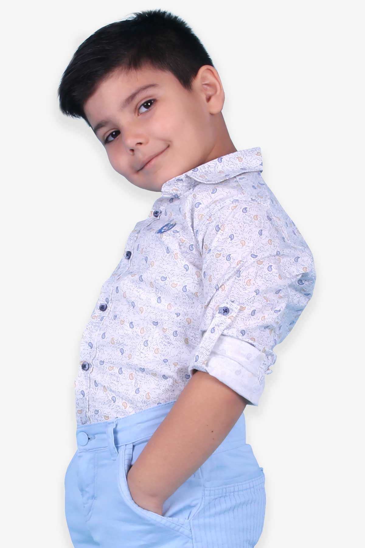 Breeze Erkek Çocuk Gömlek Şal Desenli Beyaz (5-9 Yaş)