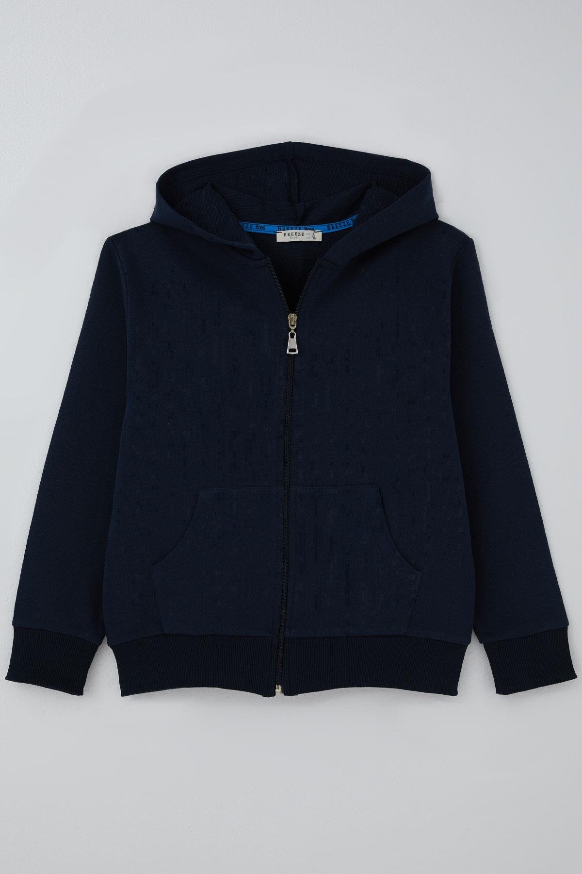 Breeze Erkek Çocuk Hırka Basic Kapüşonlu Fermuarlı Lacivert (6-10 Yaş)