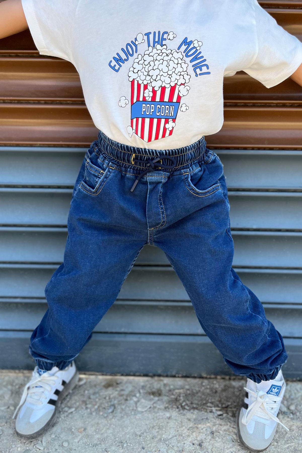 Breeze Erkek Çocuk Jean Pantolon Bağcıklı Paçası Lastikli Koyu Mavi (6-10 Yaş)