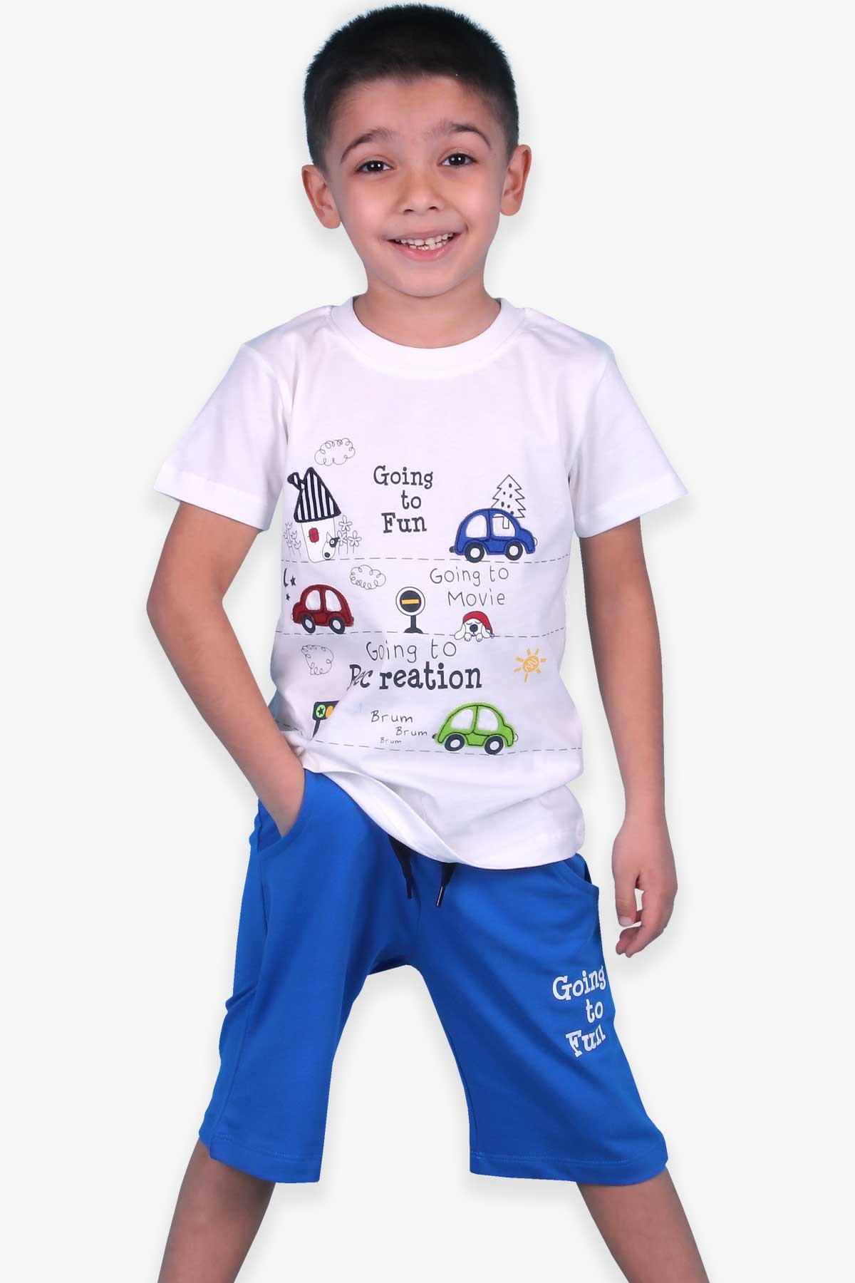 Breeze Erkek Çocuk Kapri Takım Araba İşlemeli Beyaz (1.5-5 Yaş)