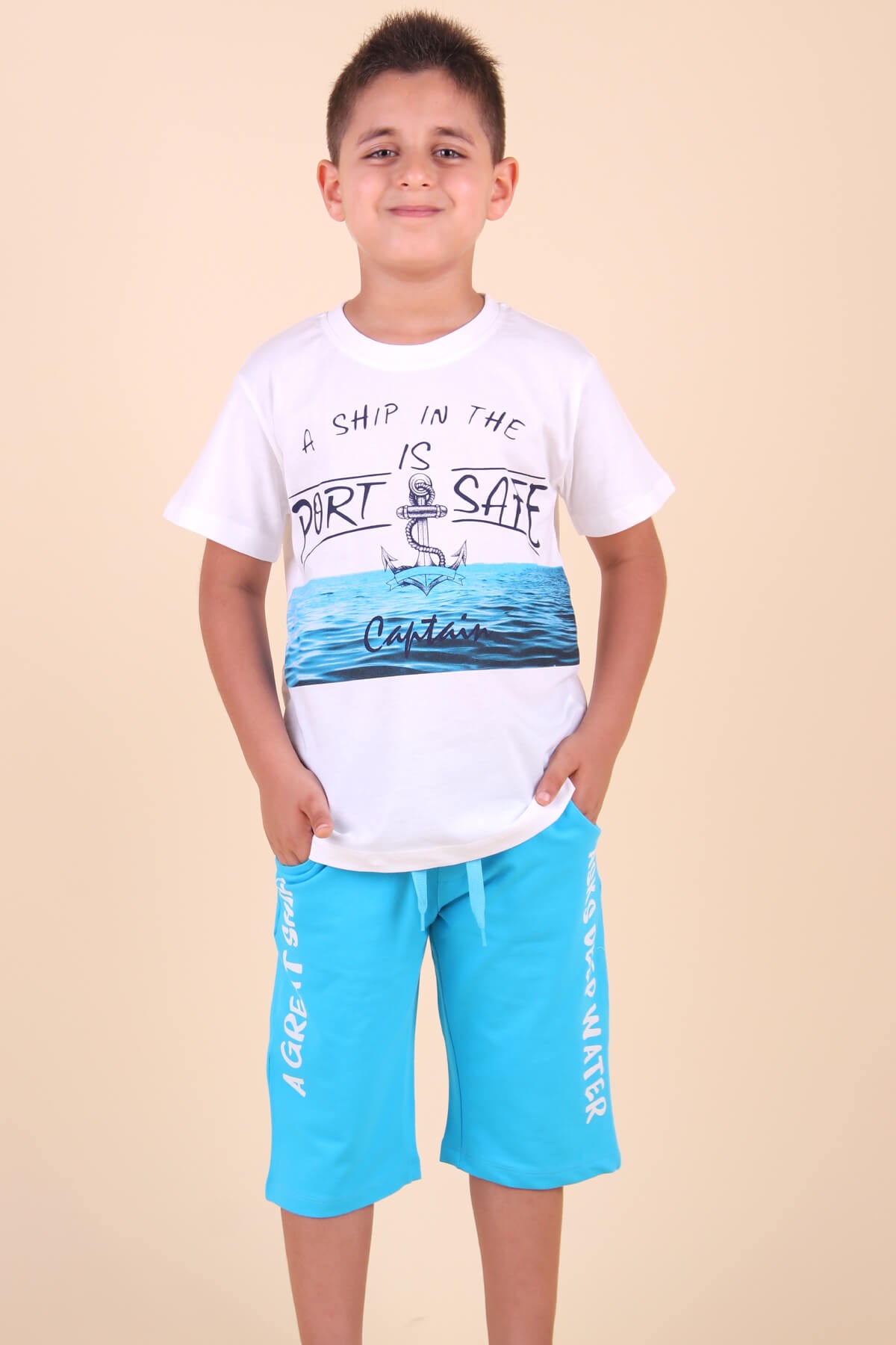 Breeze Erkek Çocuk Kapri Takım Çapa Desenli Mavi (5-10 Yaş)