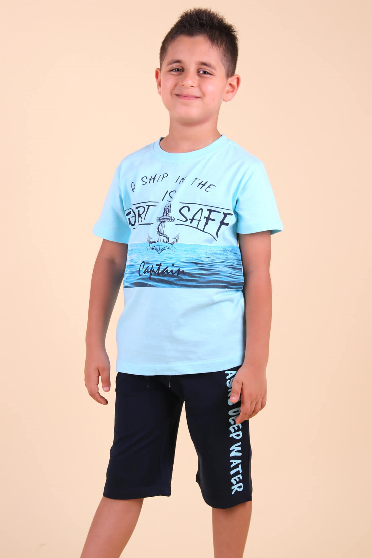 Breeze Erkek Çocuk Kapri Takım Çapa Desenli Turkuaz (5-10 Yaş)