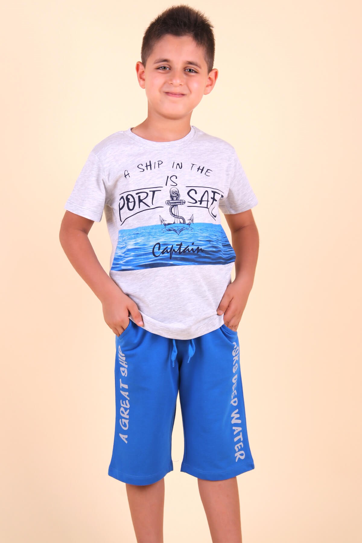Breeze Erkek Çocuk Kapri Takım Çapa Desenli Gri (5-10 Yaş)