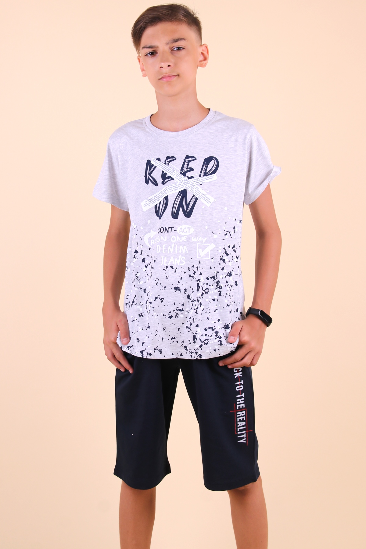 Breeze Erkek Çocuk Kapri Takım Keep On Baskılı Gri (8-12 Yaş)