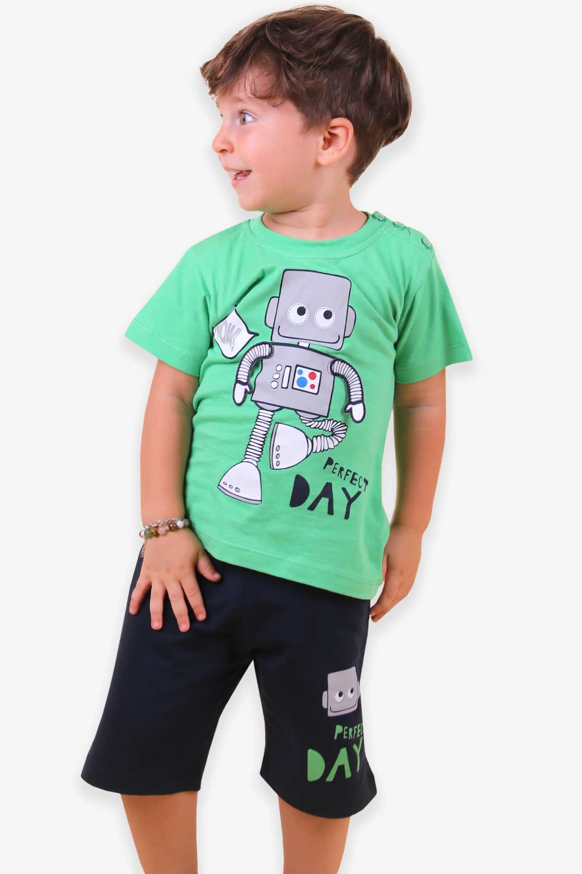 Breeze Erkek Çocuk Kapri Takım Kolları Hareketli Robot Baskılı Yeşil (1.5-4 Yaş)