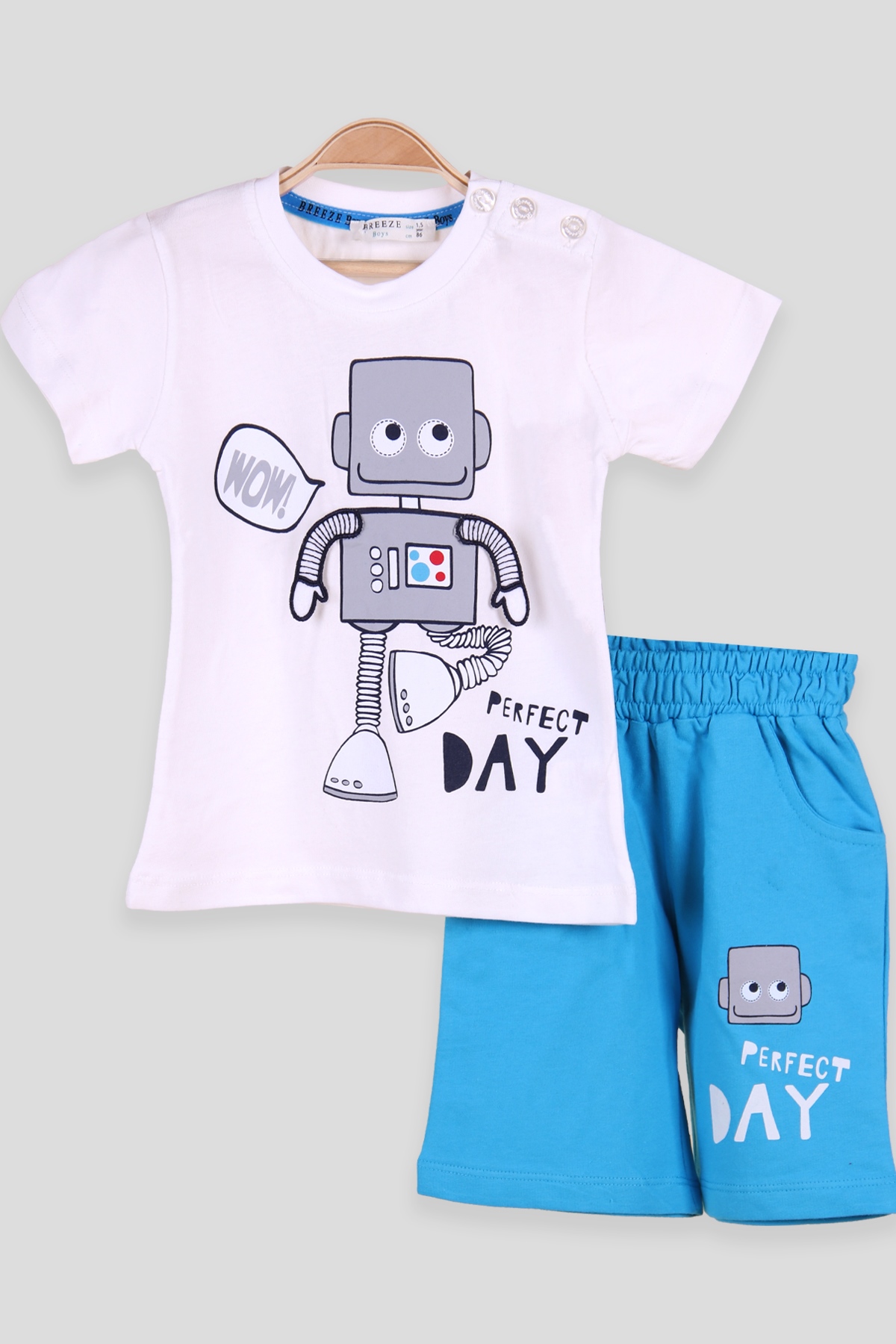 Breeze Erkek Çocuk Kapri Takım Kolları Hareketli Robot Baskılı Ekru (1.5-5 Yaş)
