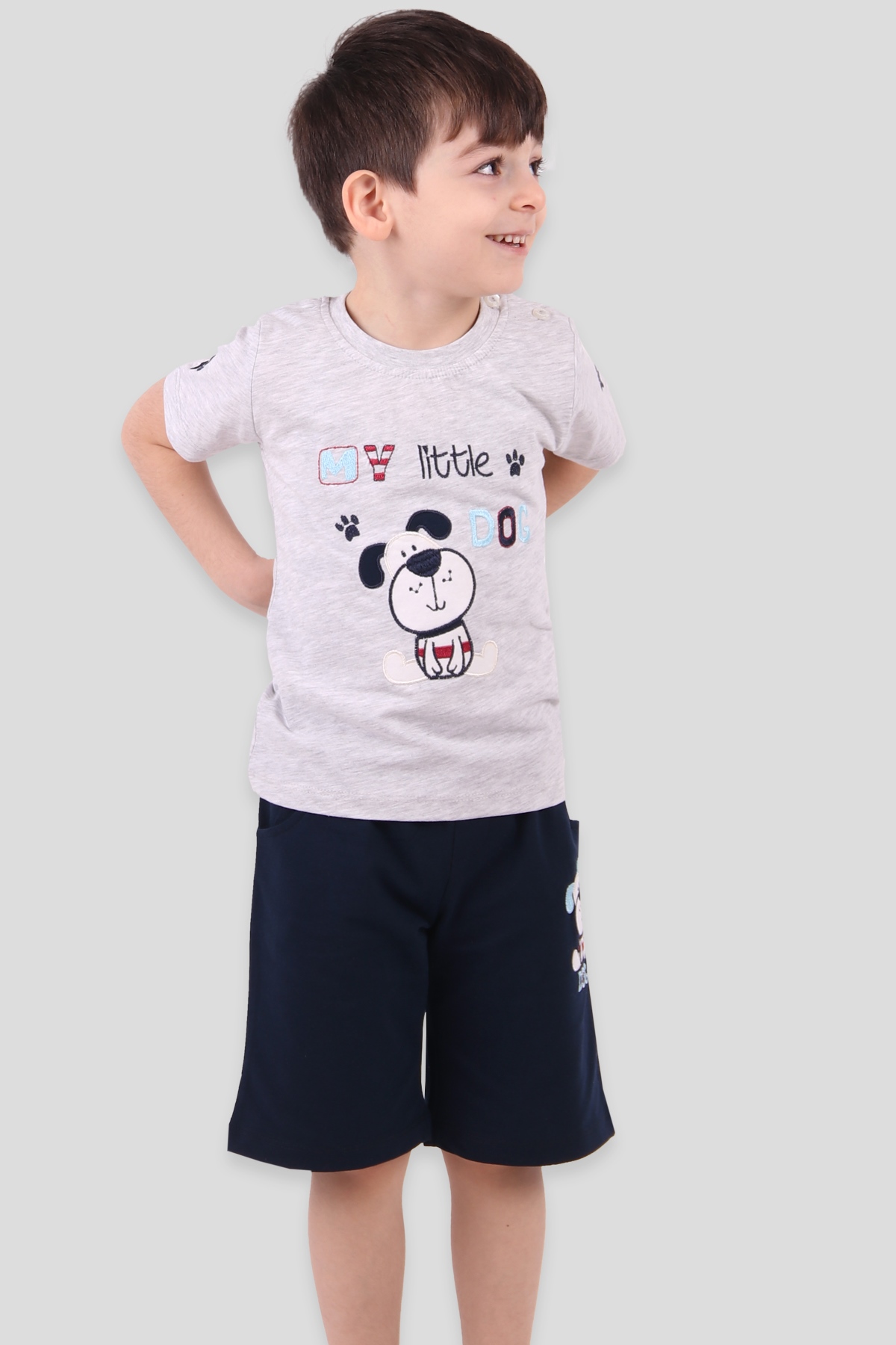 Breeze Erkek Çocuk Kapri Takım Köpek Nakışlı My Little Dog Gri (9 Ay-3 Yaş)