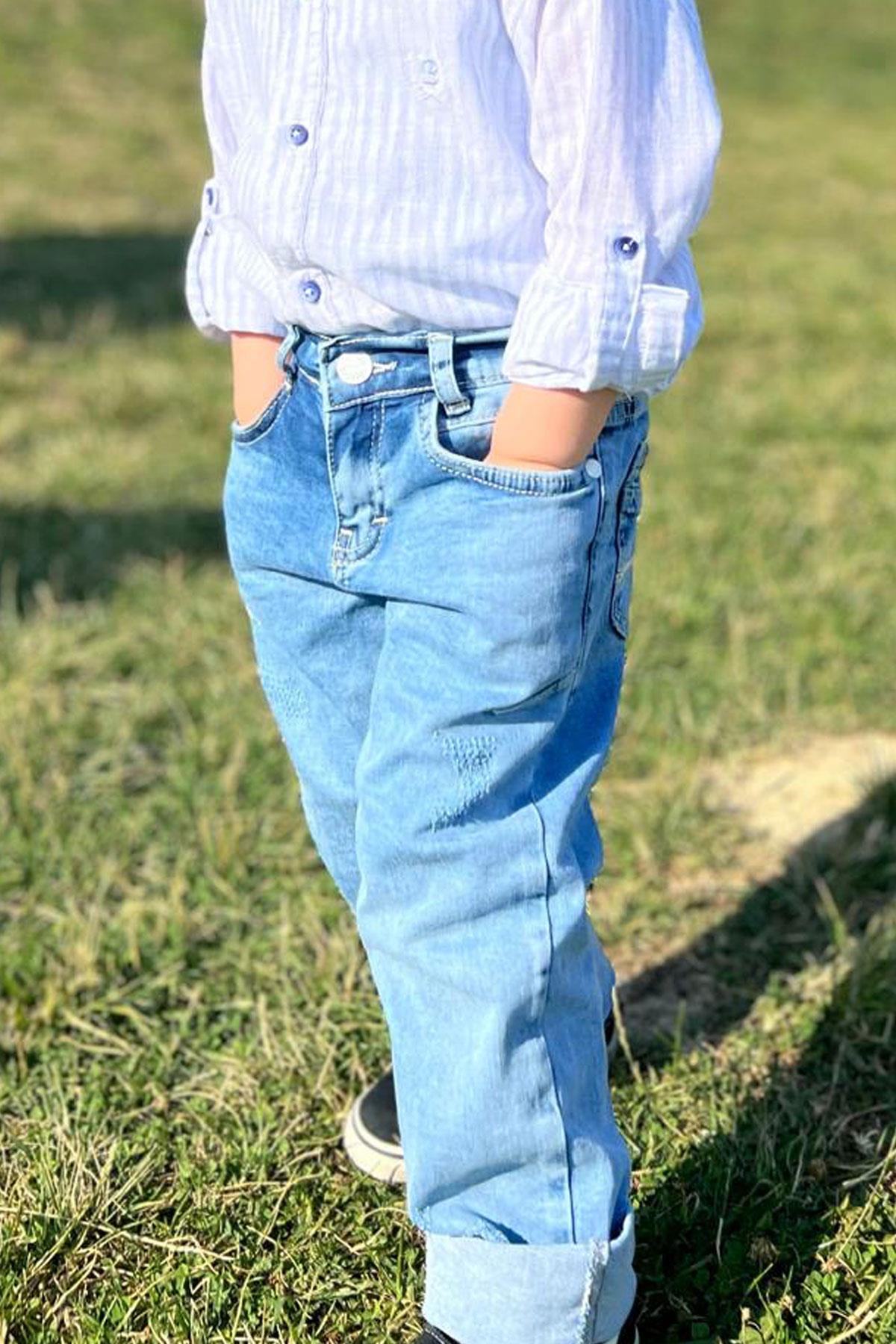 Breeze Erkek Çocuk Kot Pantolon Arka Cepleri Nakışlı Mavi (2-5 Yaş)