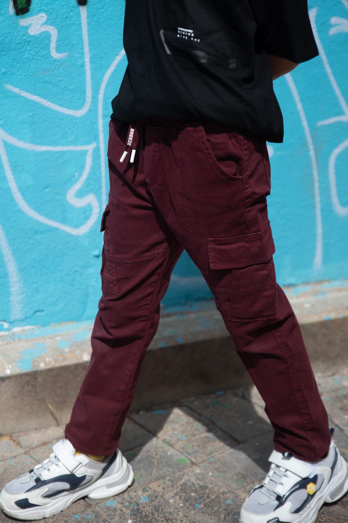 Breeze Erkek Çocuk Kot Pantolon Beli Lastikli Cepli Bordo (8-14 Yaş)