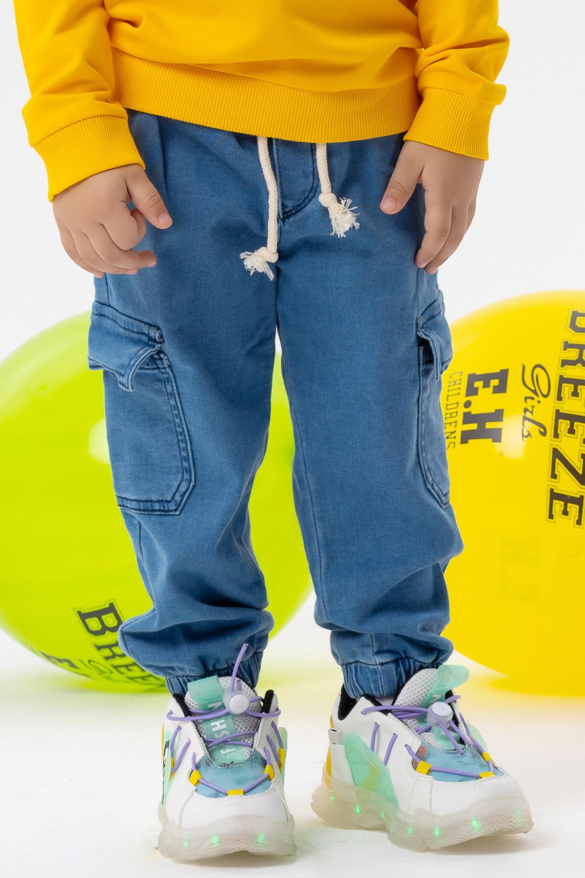 Erkek Çocuk Kot Pantolon Beli Paçası Lastikli Kargo Cepli Mavi 1-3 Yaş -  Şık Çocuk Pantolonları | Breeze
