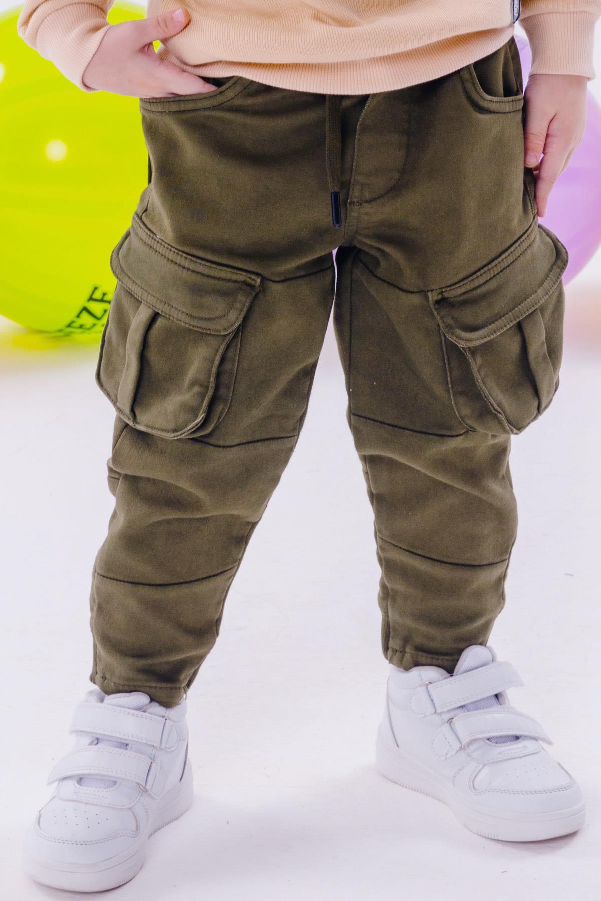 Erkek Çocuk Pantolon Kargo Cepli Beli Lastikli Koyu Haki Yeşil 3-7 Yaş -  Şık Çocuk Pantolonları | Breeze
