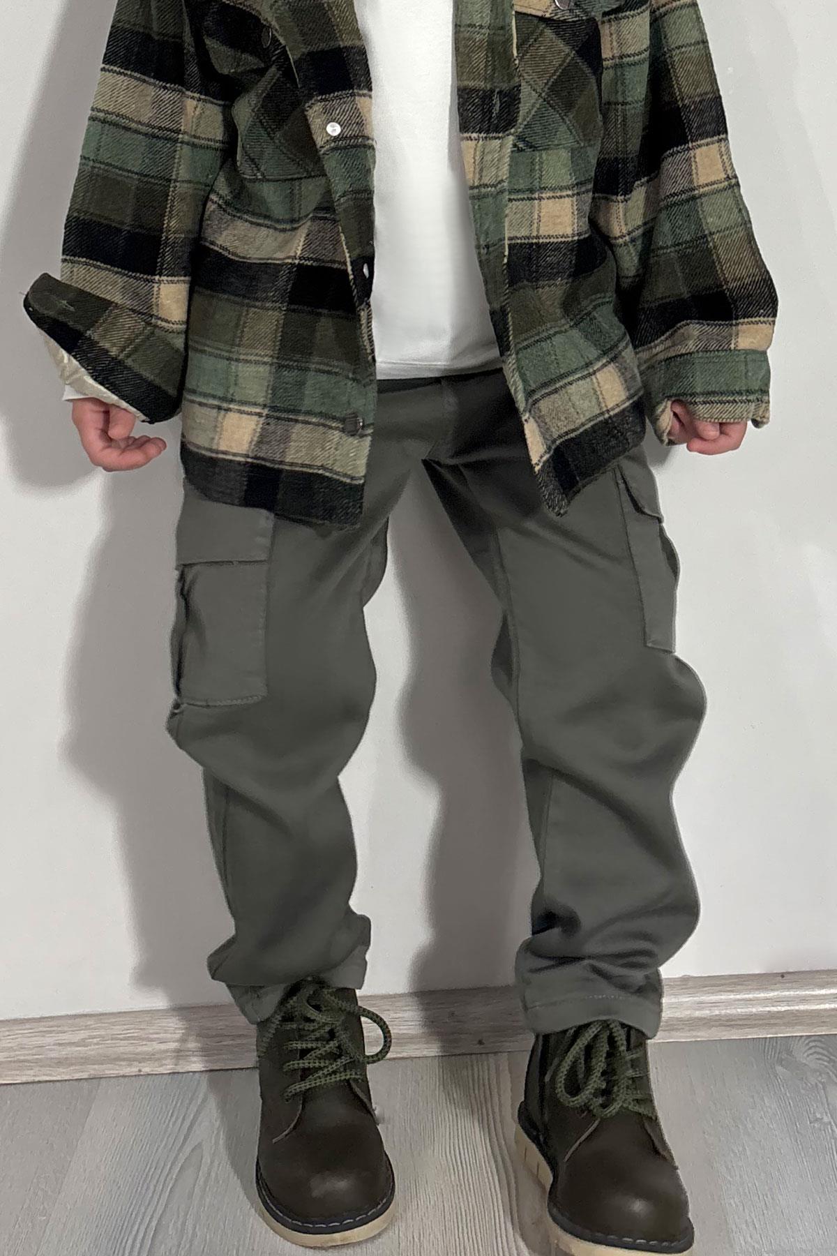 Breeze Erkek Çocuk Pantolon Kargo Cepli Beli Lastikli Haki Yeşil (6-10 Yaş)