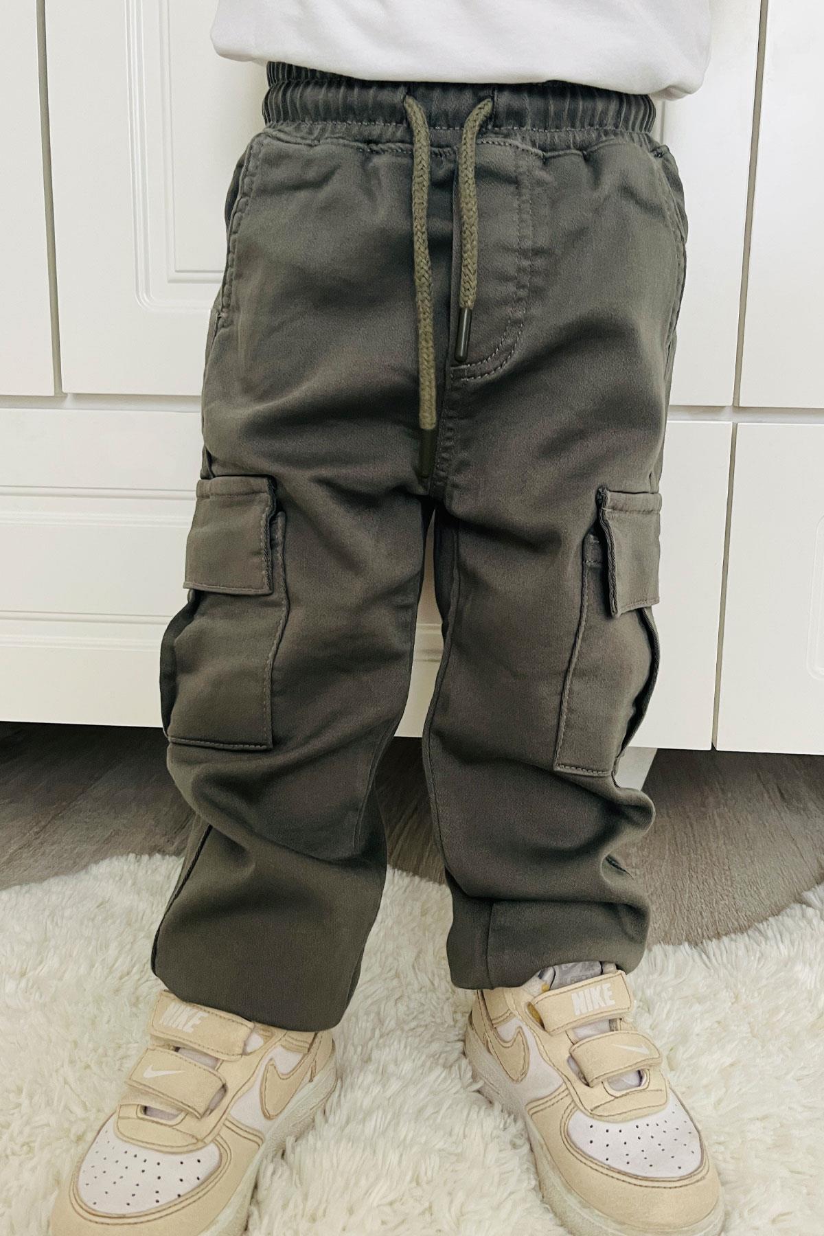 Breeze Erkek Çocuk Pantolon Kargo Cepli Beli Lastikli Haki Yeşil (1.5-5 Yaş)