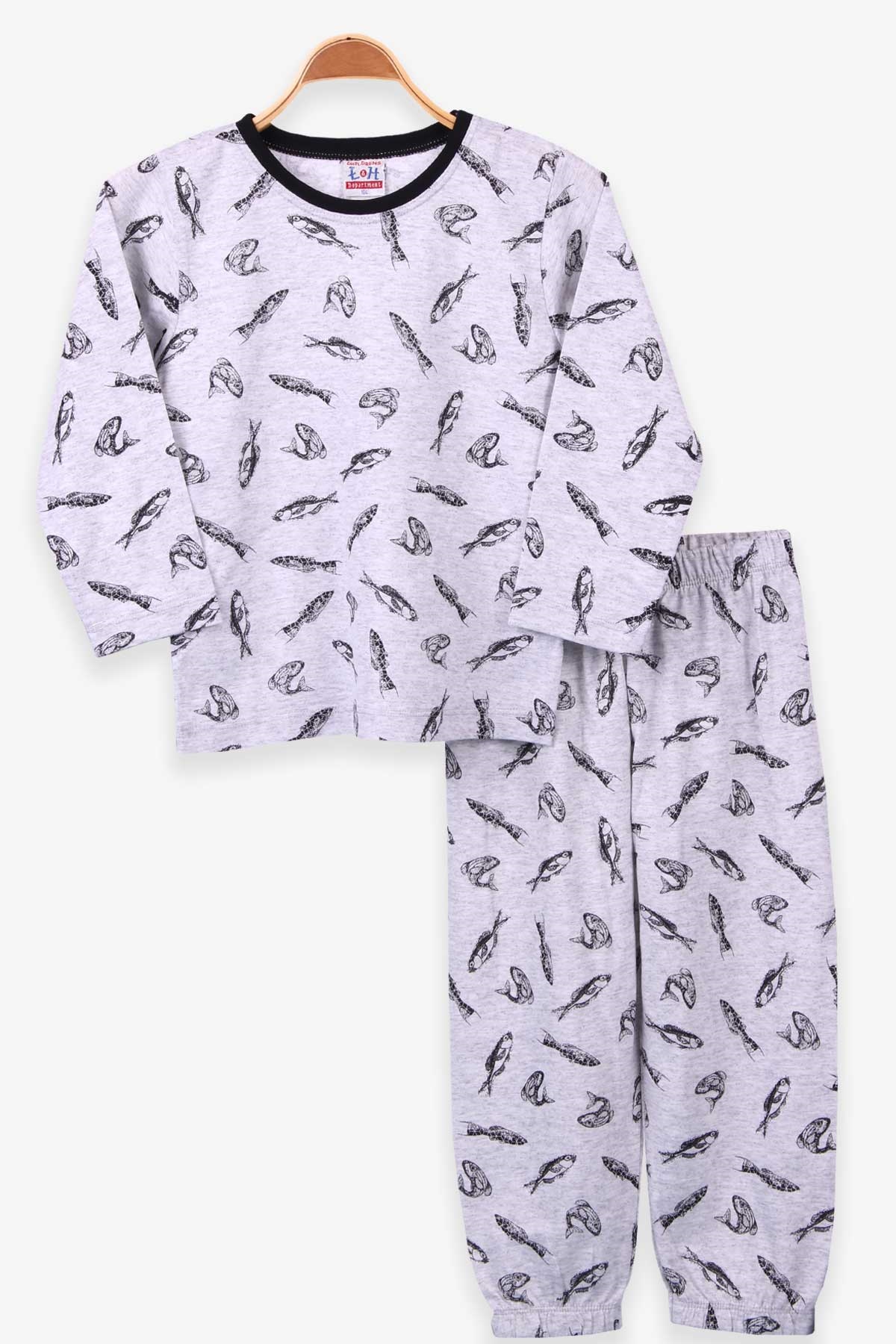 Breeze Erkek Çocuk Pijama Takımı Balık Desenli Açık Gri (4-8 Yaş)