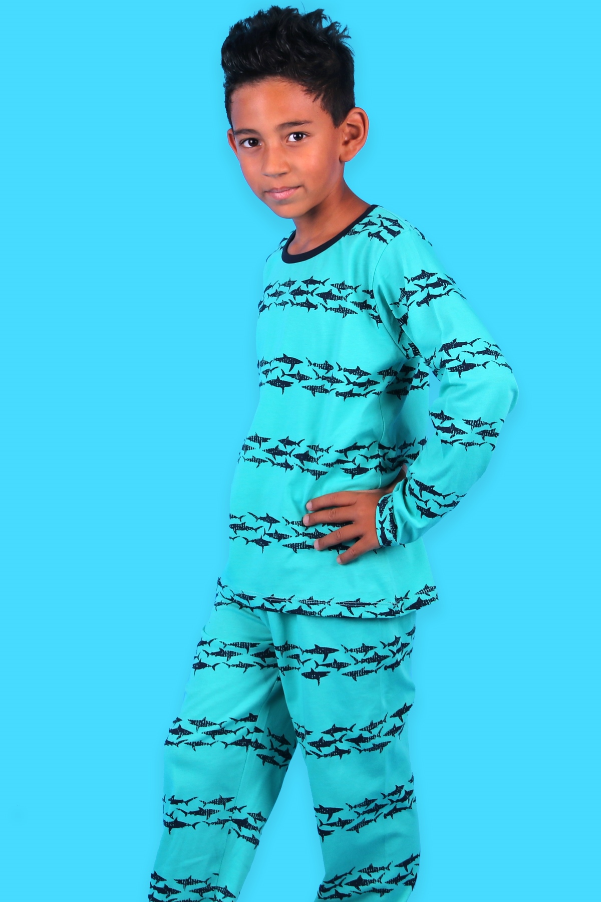 Breeze Erkek Çocuk Pijama Takımı Balık Desenli Mint Yeşili (6-10 Yaş)