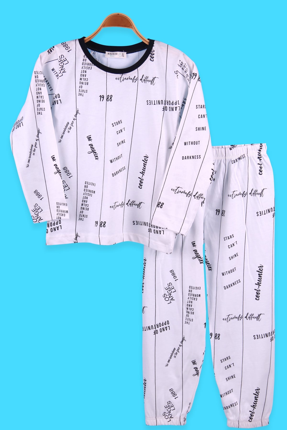 Breeze Erkek Çocuk Pijama Takımı Çizgili Yazılı Beyaz (6-10 Yaş)