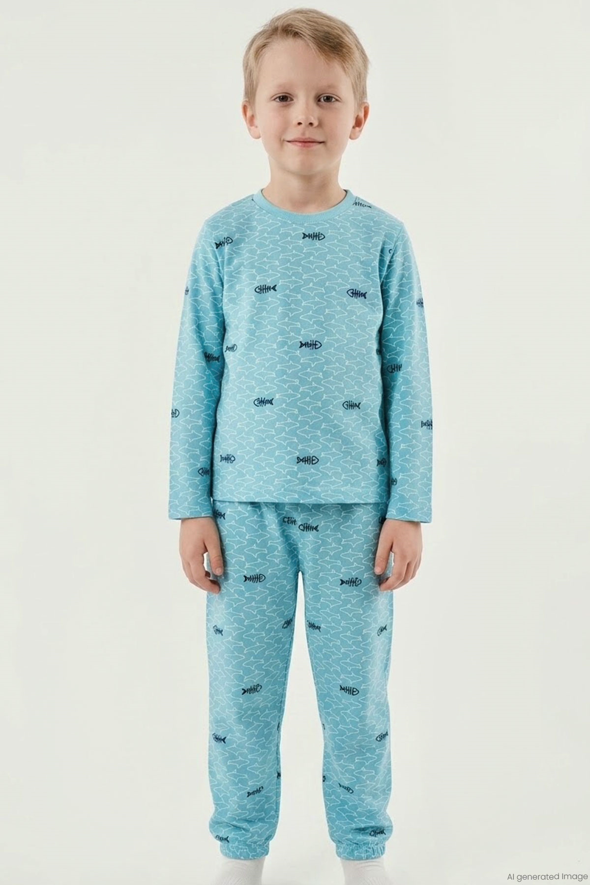Breeze Erkek Çocuk Pijama Takımı Deniz Temalı Köpekbalığı Desenli Turkuaz (4-8 Yaş)