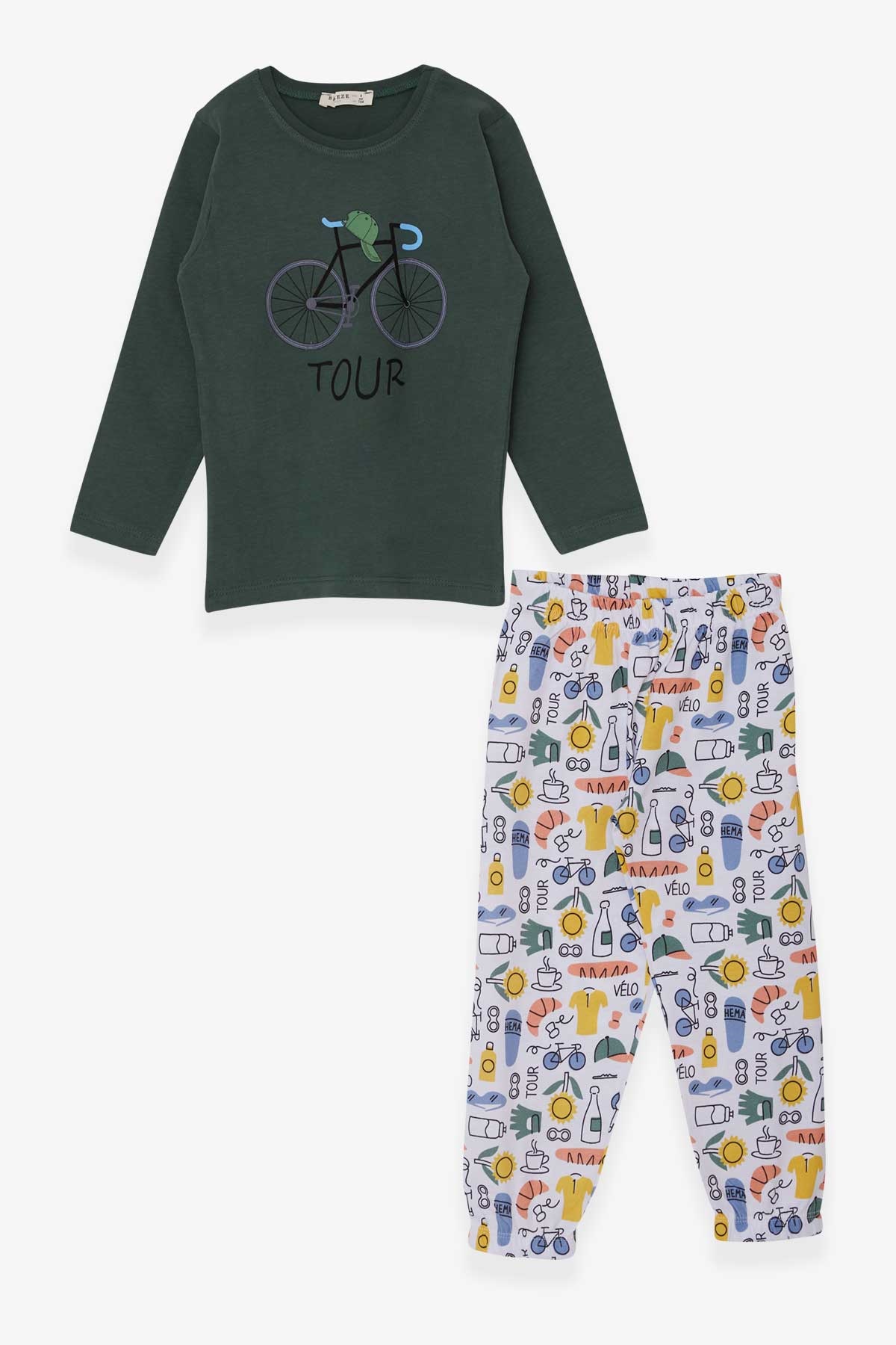 Breeze Erkek Çocuk Pijama Takımı Desenli Bisiklet Baskılı Koyu Yeşil (4-8 Yaş)