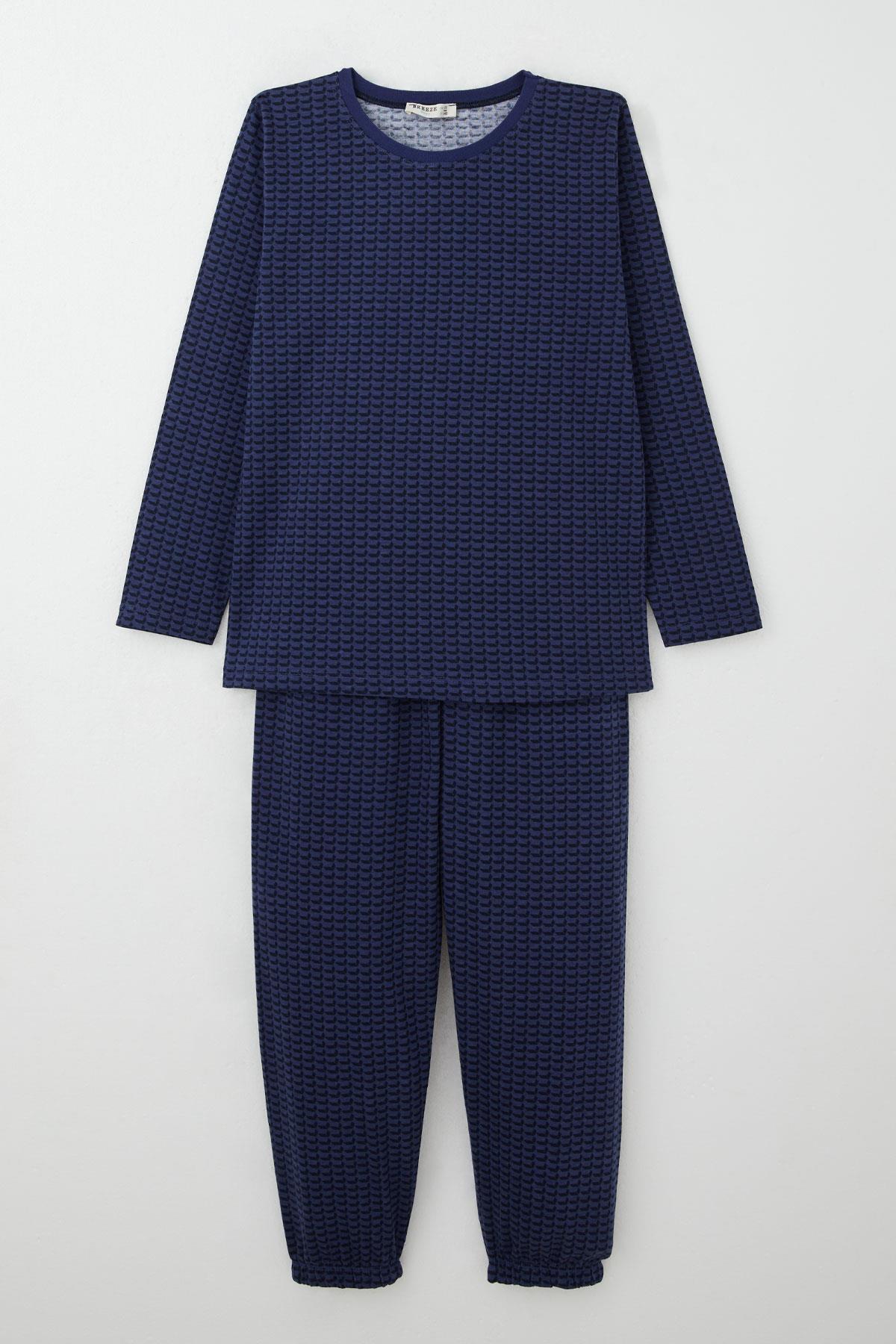 Breeze Erkek Çocuk Pijama Takımı Desenli Bel Kısmı Paçası Lastikli Lacivert (9-12 Yaş)