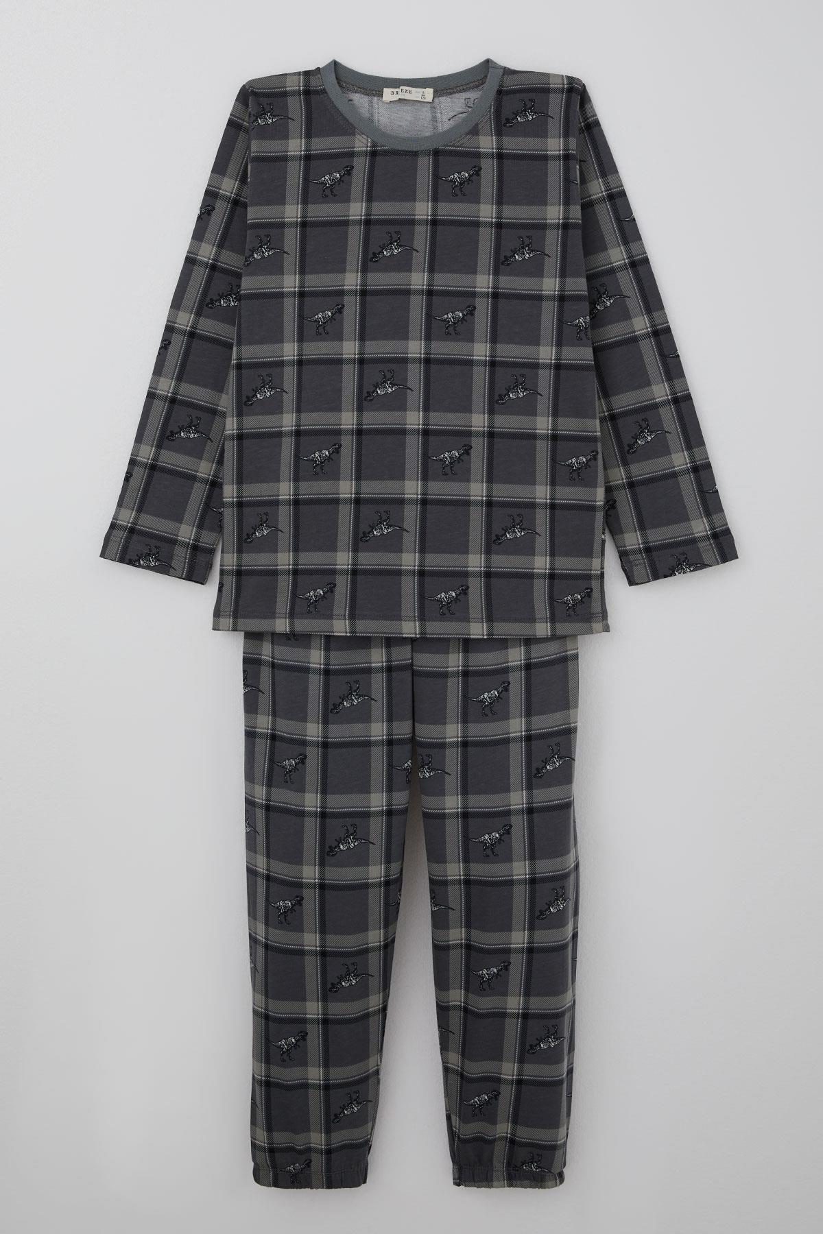 Breeze Erkek Çocuk Pijama Takımı Dinozor Krallığı Ekose Desenli Gri (4-8 Yaş)