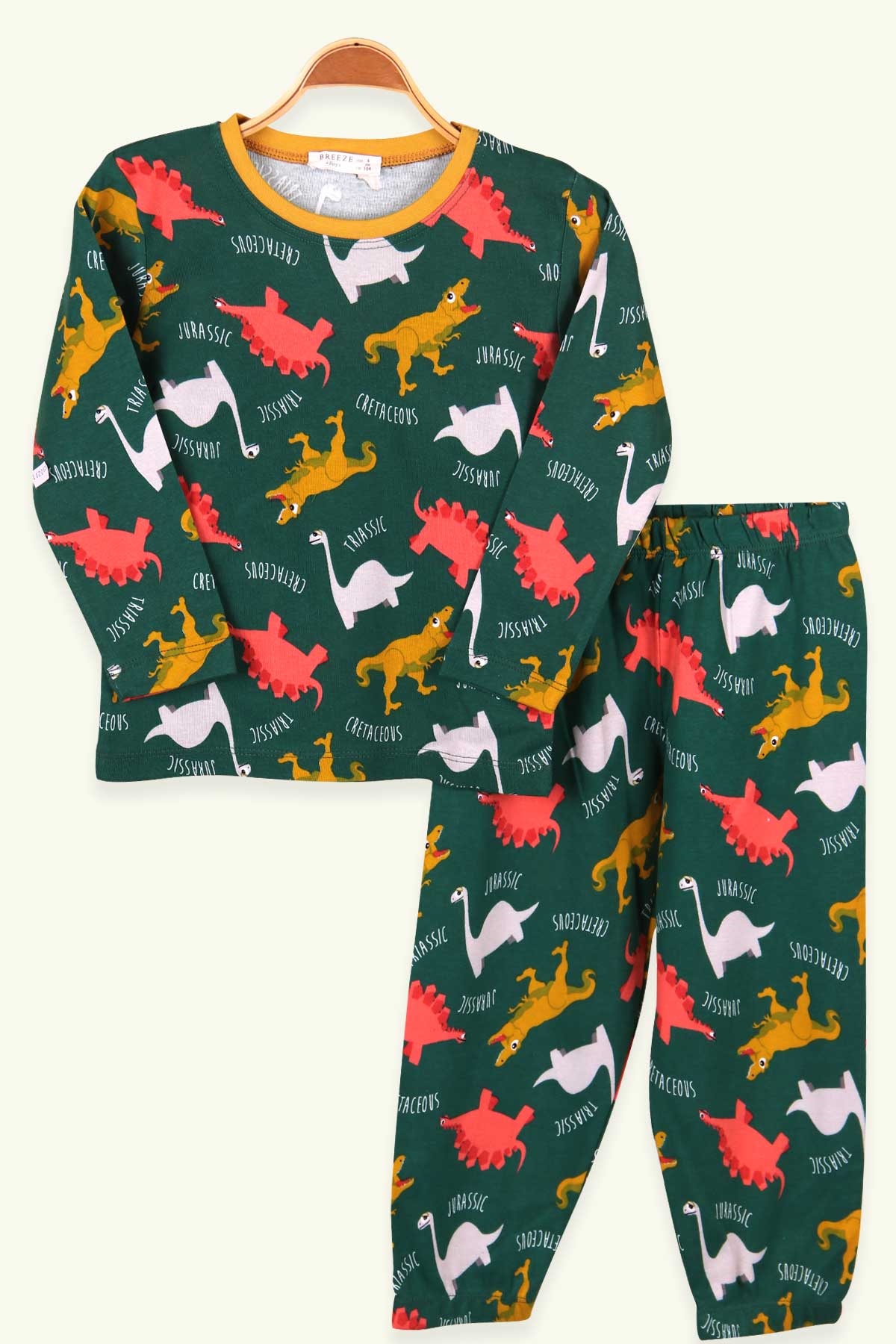 Erkek Çocuk Pijama Takımı Dinozor Desenli Koyu Yeşil 4-8 Yaş - Yumuşak  Kumaş | Breeze