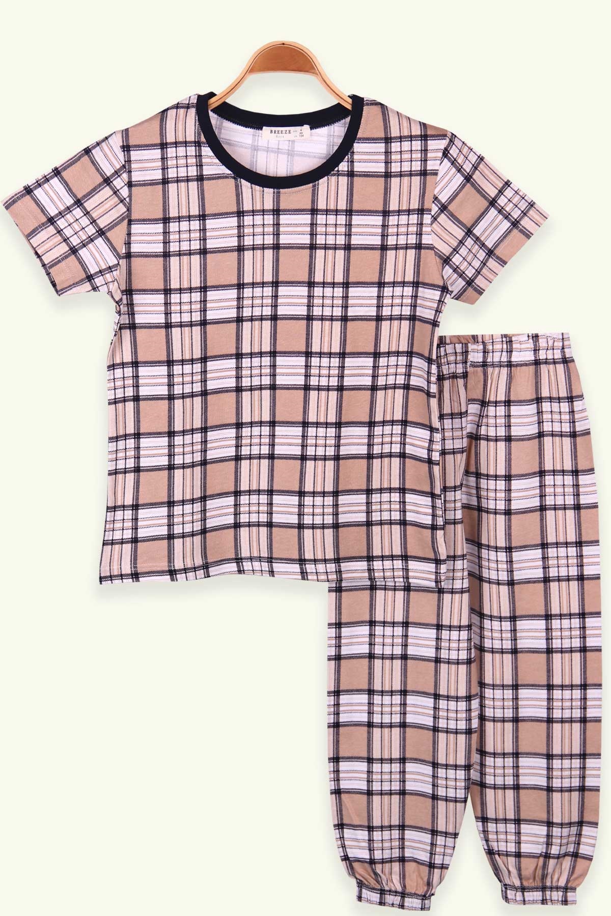 Breeze Erkek Çocuk Pijama Takımı Ekoseli Açık Kahverengi (4-8 Yaş)
