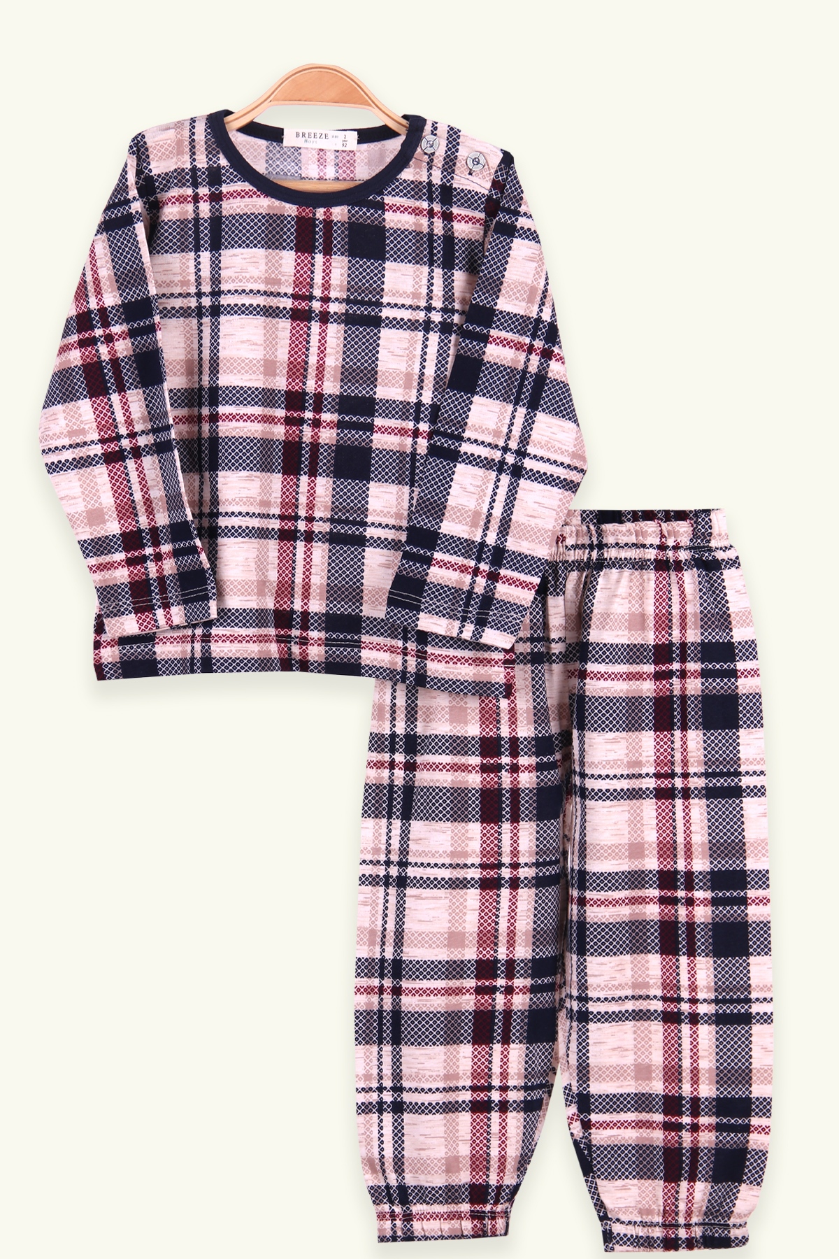 Breeze Erkek Çocuk Pijama Takımı Ekoseli Bej (2-6 Yaş)