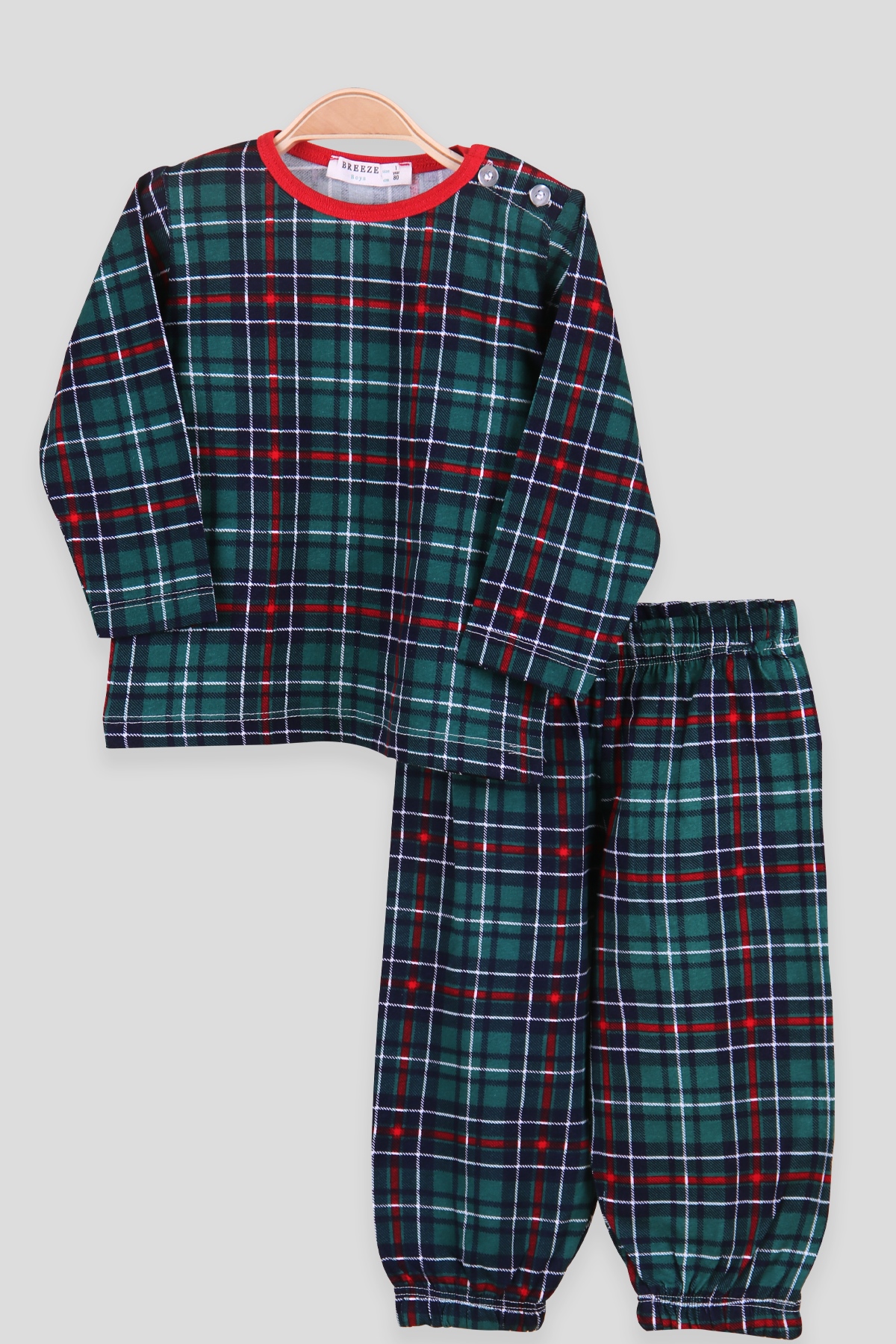 Breeze Erkek Çocuk Pijama Takımı Ekoseli Yeşil (1-4 Yaş)