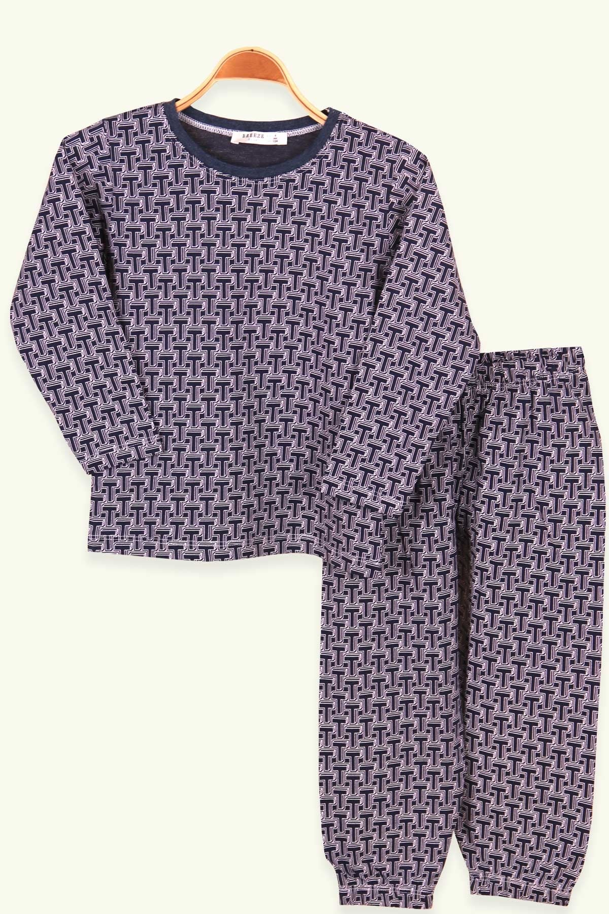 Breeze Erkek Çocuk Pijama Takımı Geometrik Desenli Lacivert (4-8 Yaş)