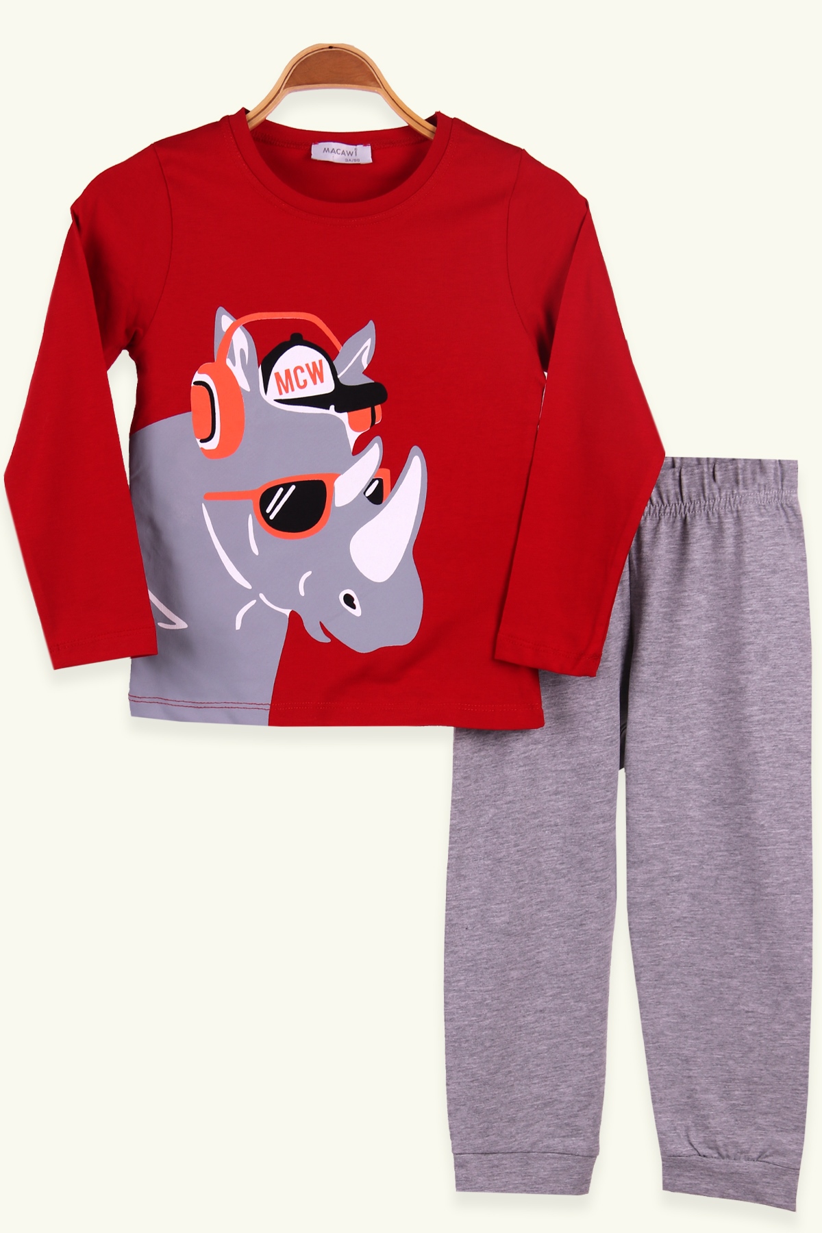 Breeze Erkek Çocuk Pijama Takımı Gergedan Baskılı Kırmızı (3-7 Yaş)