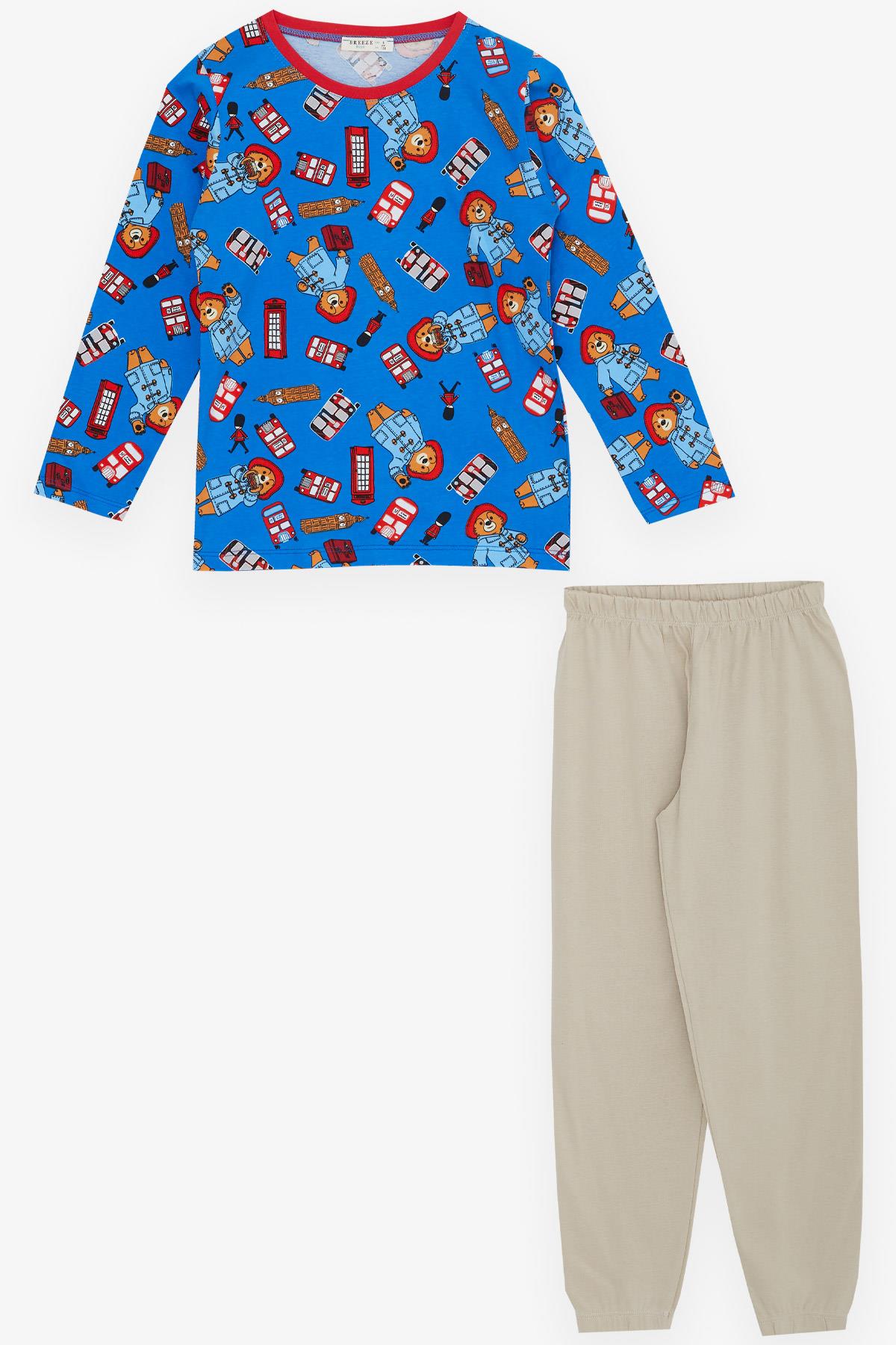 Breeze Erkek Çocuk Pijama Takımı Gezi Temalı Ayıcık Desenli Saks Mavisi (4-8 Yaş)