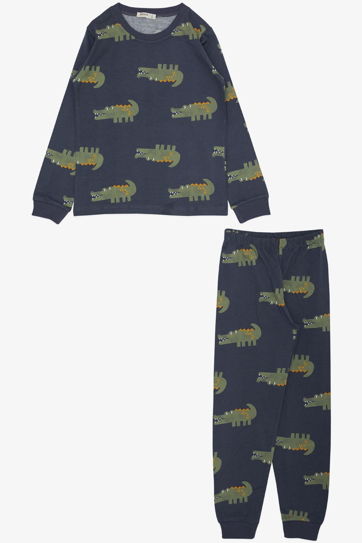Breeze Erkek Çocuk Pijama Takımı Güçlü Sevimli Timsahcık Desenli Füme (5-9 Yaş)