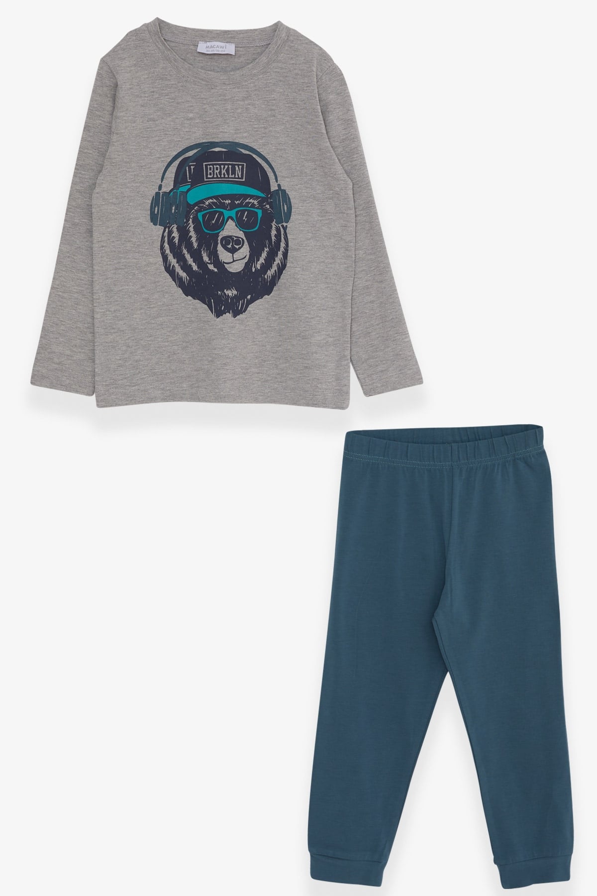 Breeze Erkek Çocuk Pijama Takımı Havalı Ayıcık Baskılı Gri Melanj (3-7 Yaş)