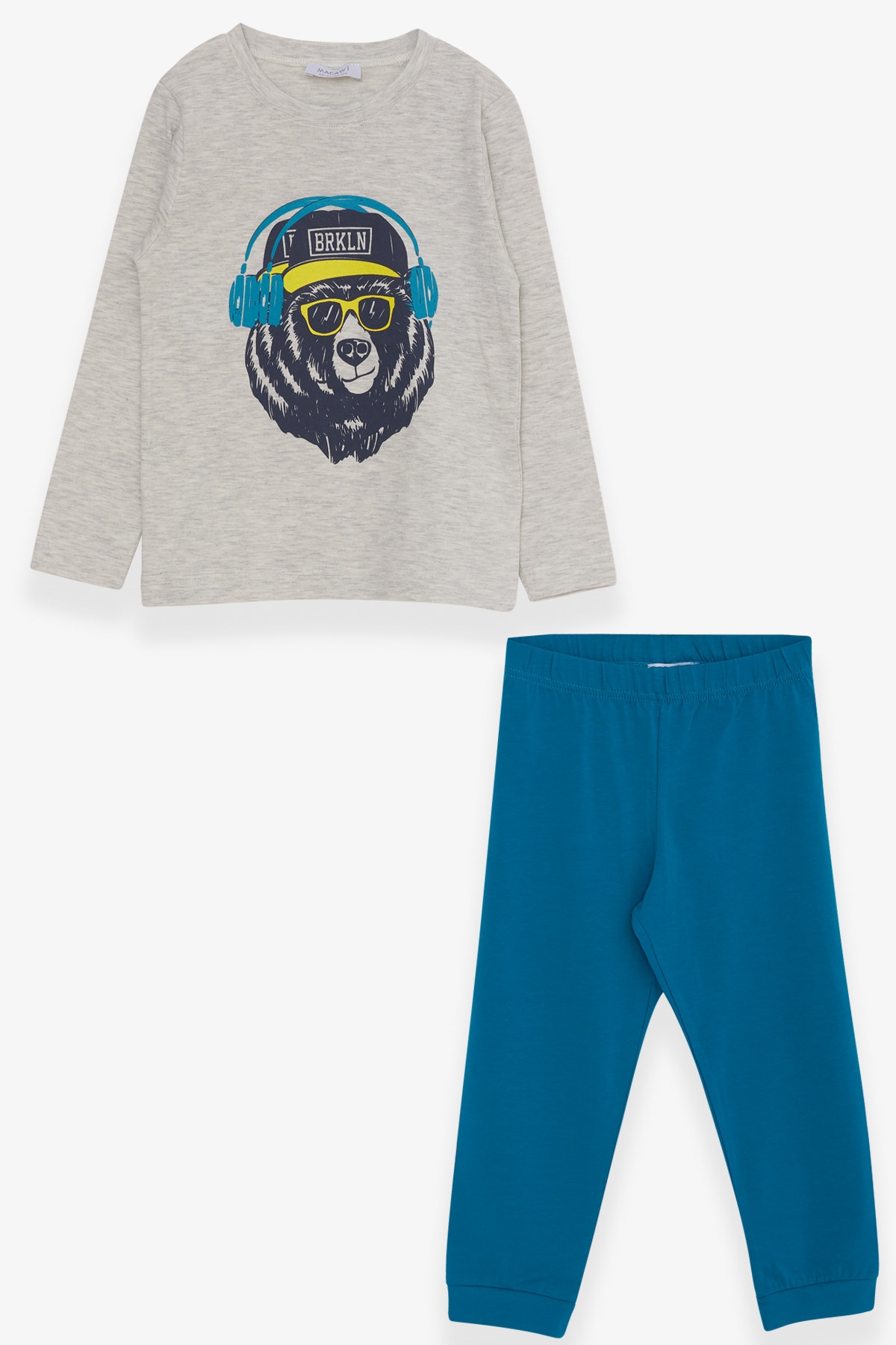 Breeze Erkek Çocuk Pijama Takımı Havalı Ayıcık Baskılı Açık Gri Melanj (3-7 Yaş)
