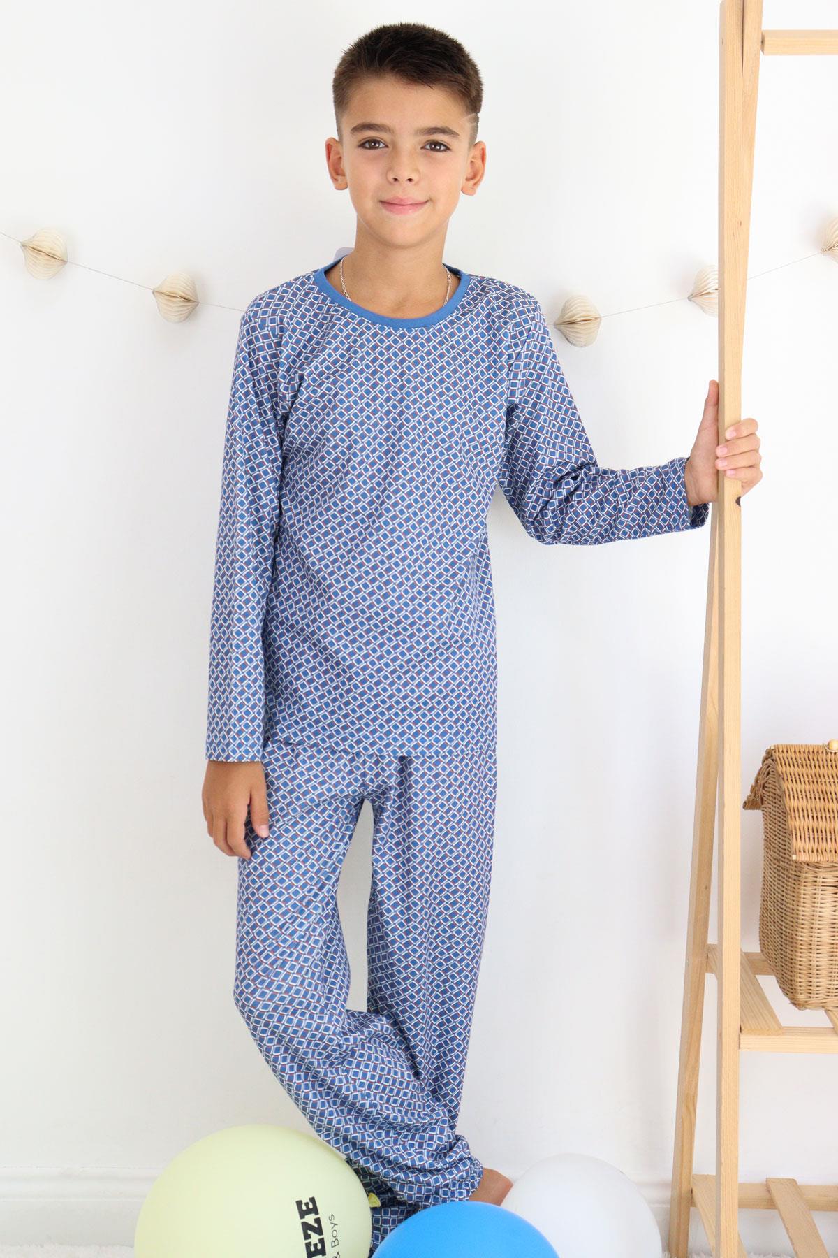 Breeze Erkek Çocuk Pijama Takımı Kare Desenli Mavi (9-12 Yaş)