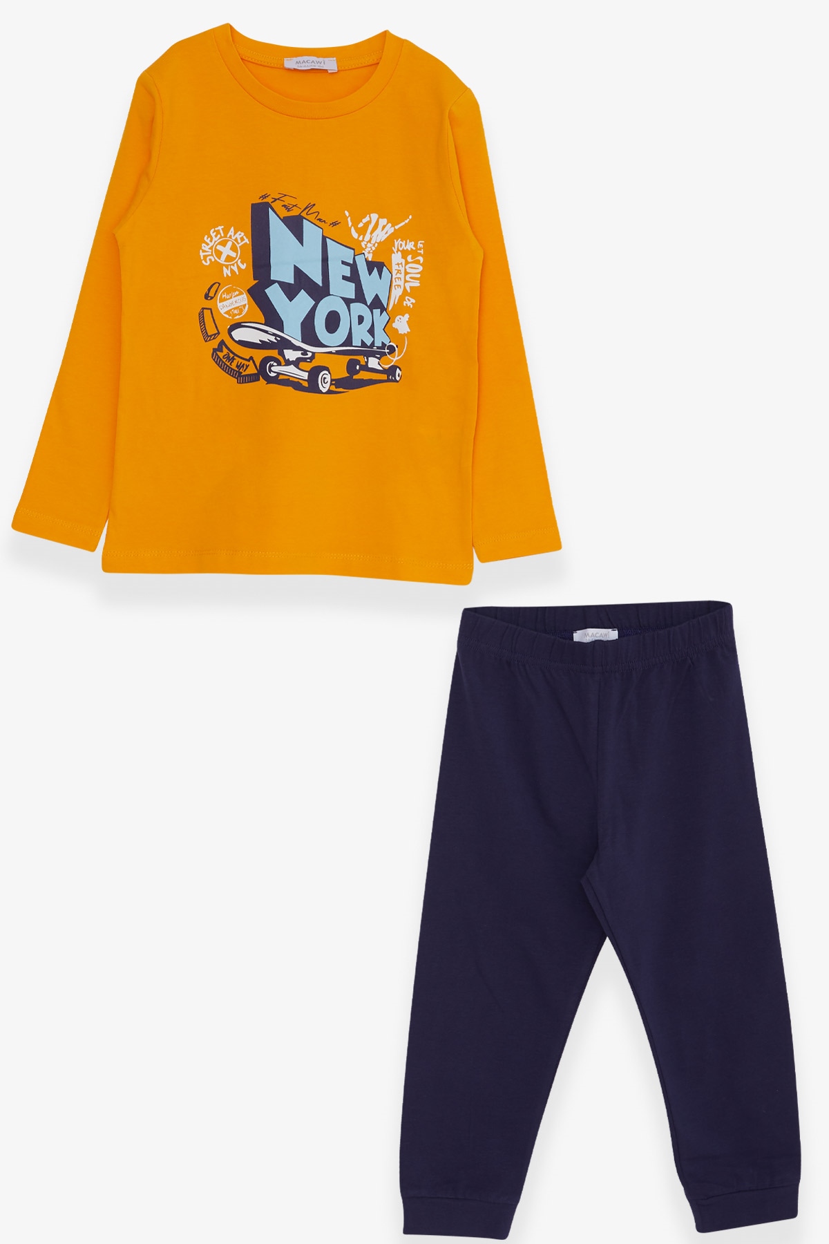 Breeze Erkek Çocuk Pijama Takımı Kaykay Baskılı Hardal Sarı (3-7 Yaş)
