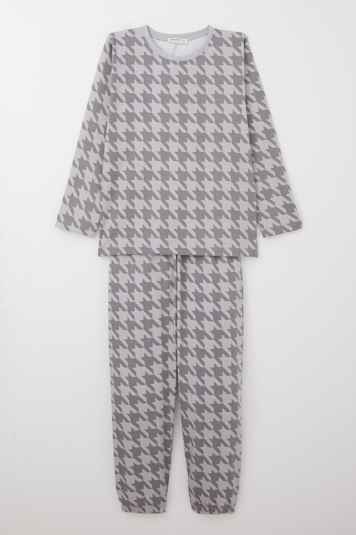 Breeze Erkek Çocuk Pijama Takımı Kazayağı Desenli Gri (9-12 Yaş)