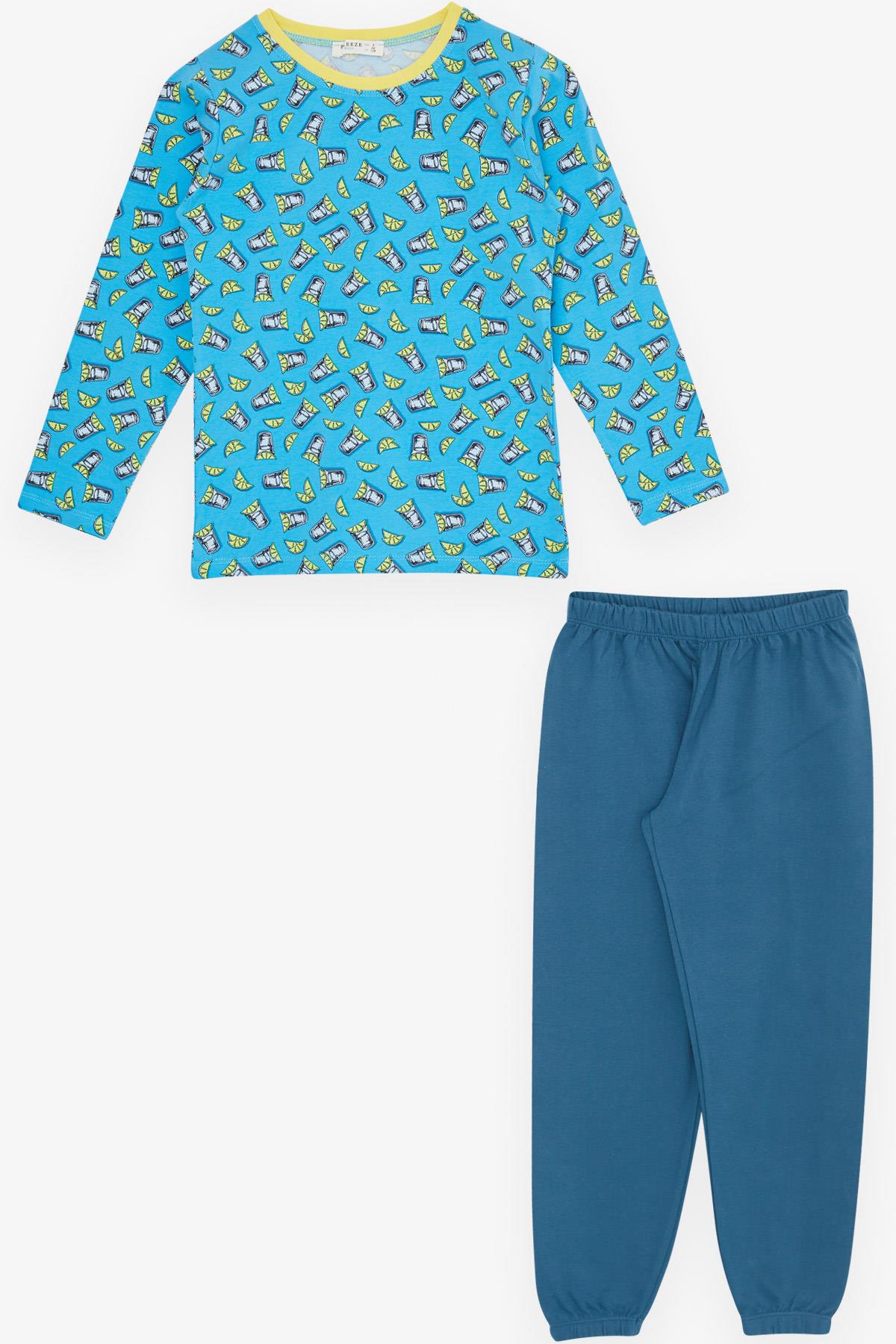 Breeze Erkek Çocuk Pijama Takımı Kokteyl Desenli Mavi (4-8 Yaş)