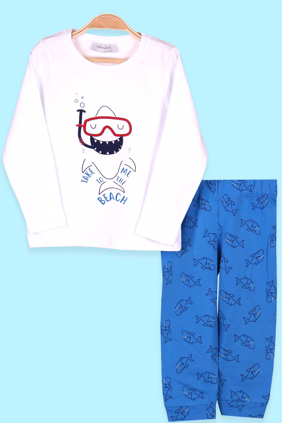 Breeze Erkek Çocuk Pijama Takımı Köpek Balığı Desenli Beyaz (1.5-5 Yaş)