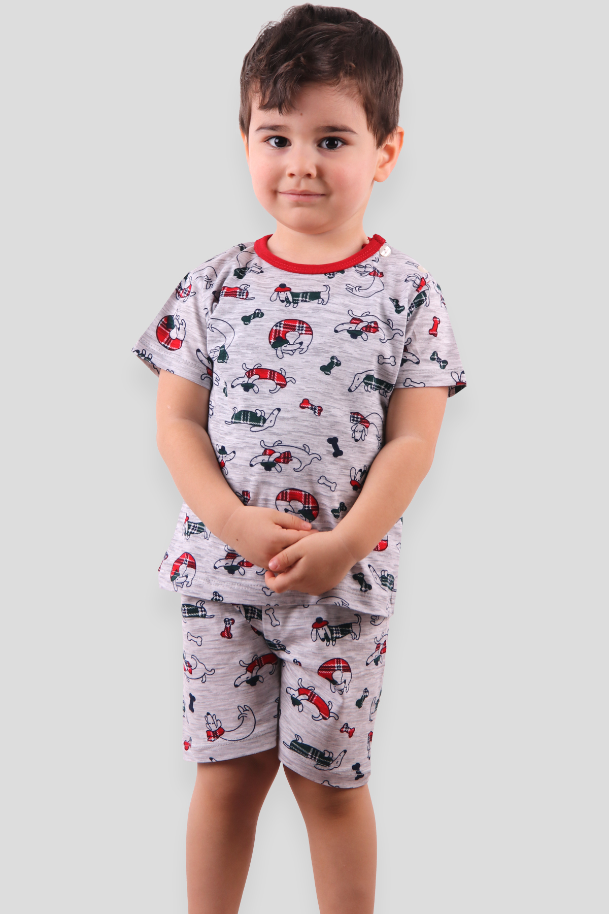 Erkek Çocuk Şortlu Pijama Takımı Köpekli Gri 1 Yaş - Yumuşak Kumaş | Breeze