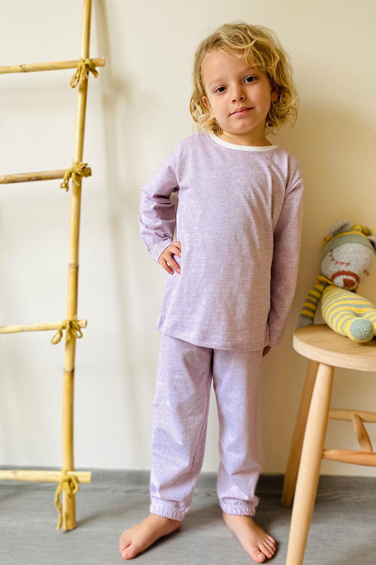 Breeze Erkek Çocuk Pijama Takımı Minik Puantiye Desenli Açık Lila (4-6 Yaş)
