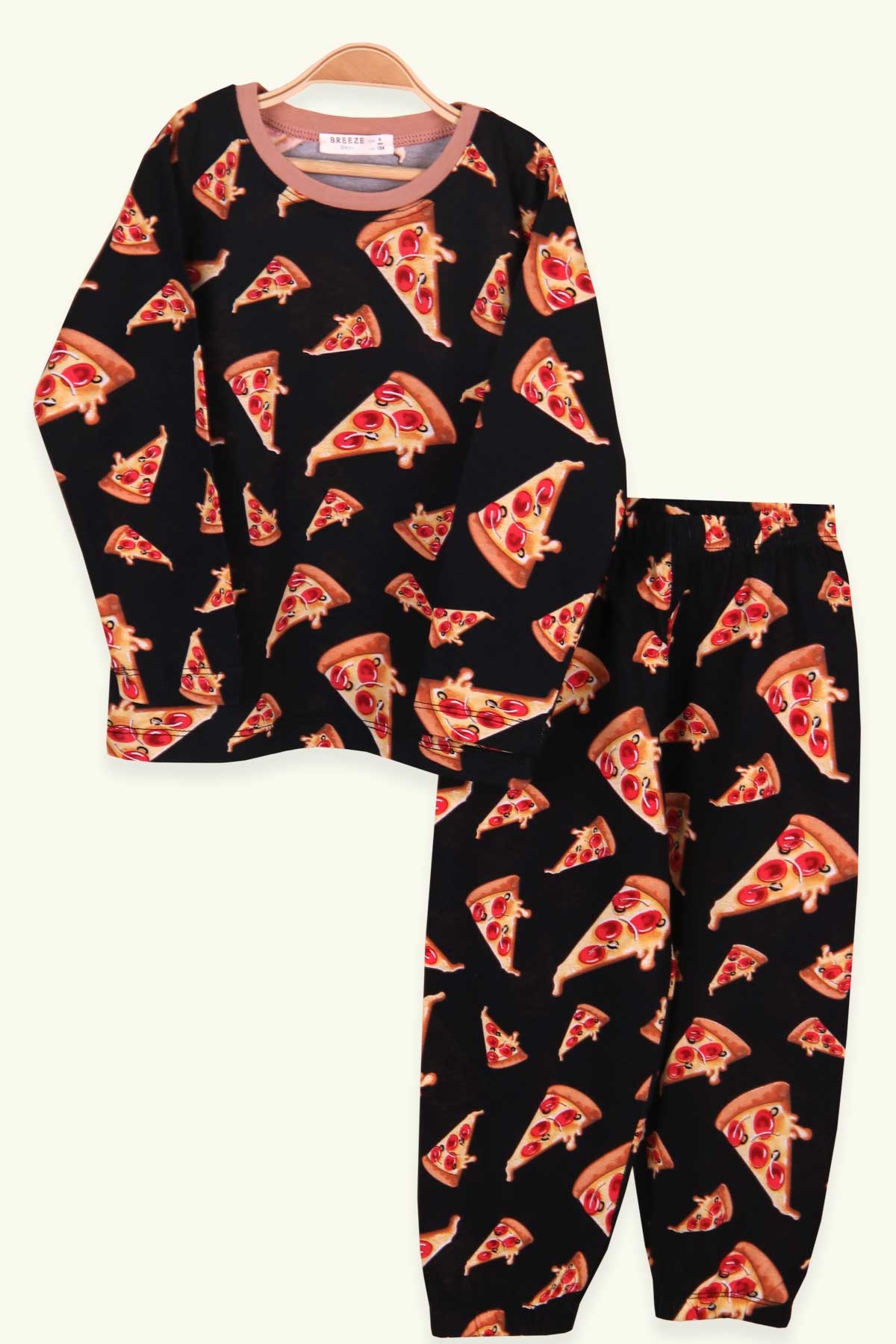 Erkek Çocuk Pijama Takımı Pizza Desenli Siyah 4 Yaş - Yumuşak Kumaş | Breeze