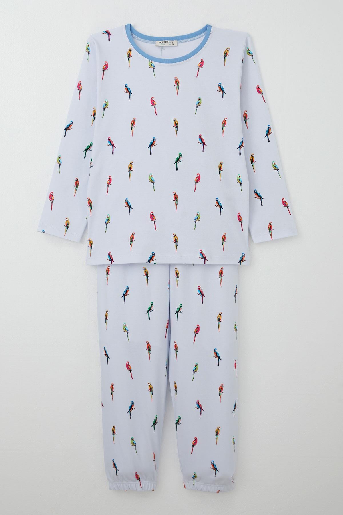 Breeze Erkek Çocuk Pijama Takımı Renkli Papağan Desenli Buz Mavisi (4-8 Yaş)