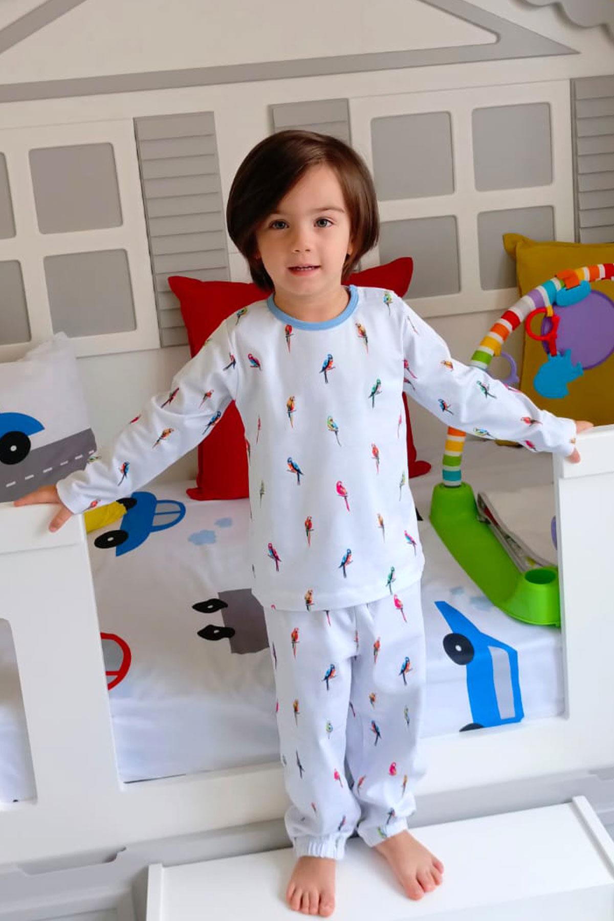 Breeze Erkek Çocuk Pijama Takımı Renkli Papağan Desenli Buz Mavisi (1-2 Yaş)