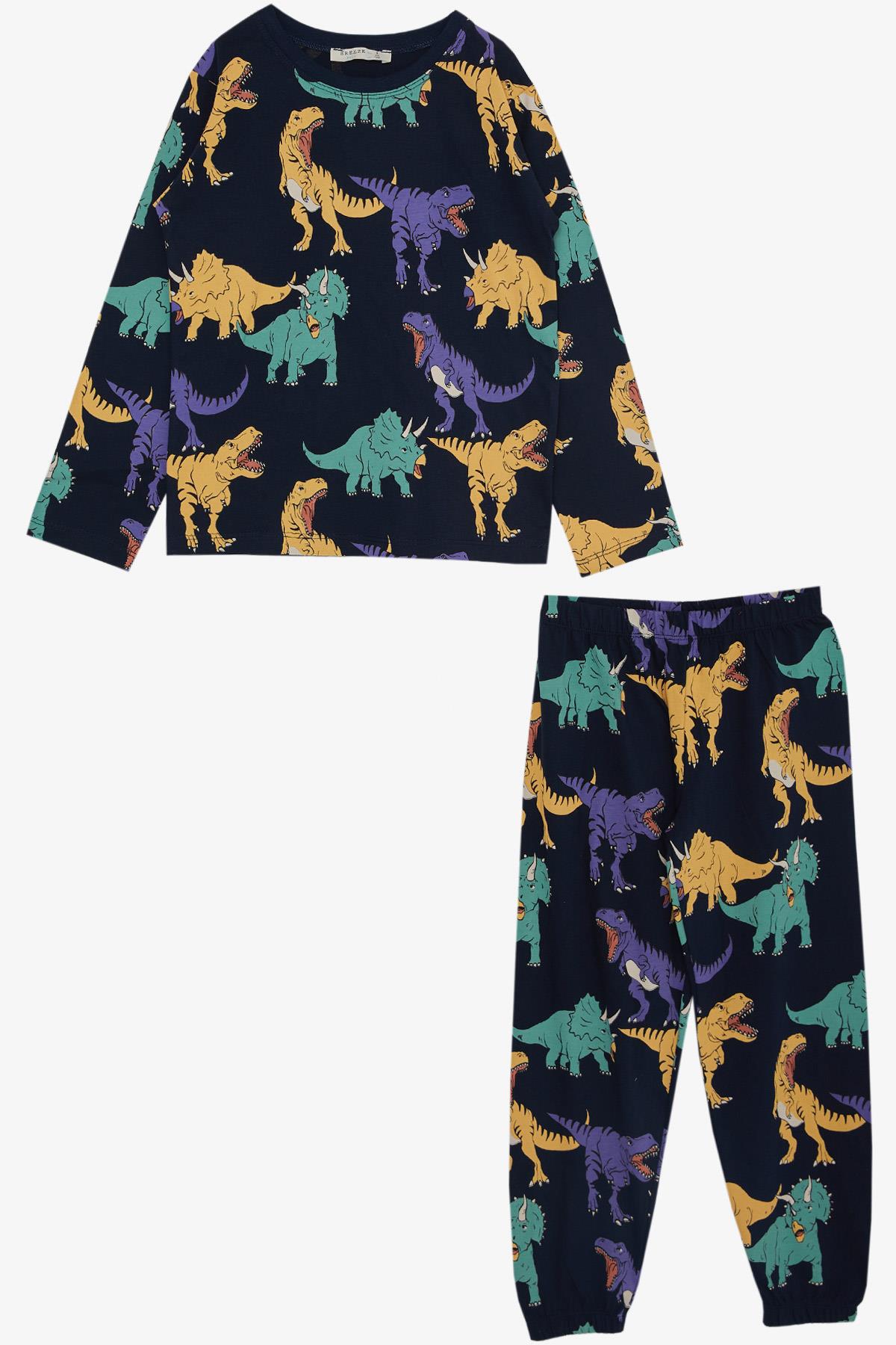 Breeze Erkek Çocuk Pijama Takımı Renkli Dinozor Desenli Lacivert (4-8 Yaş)