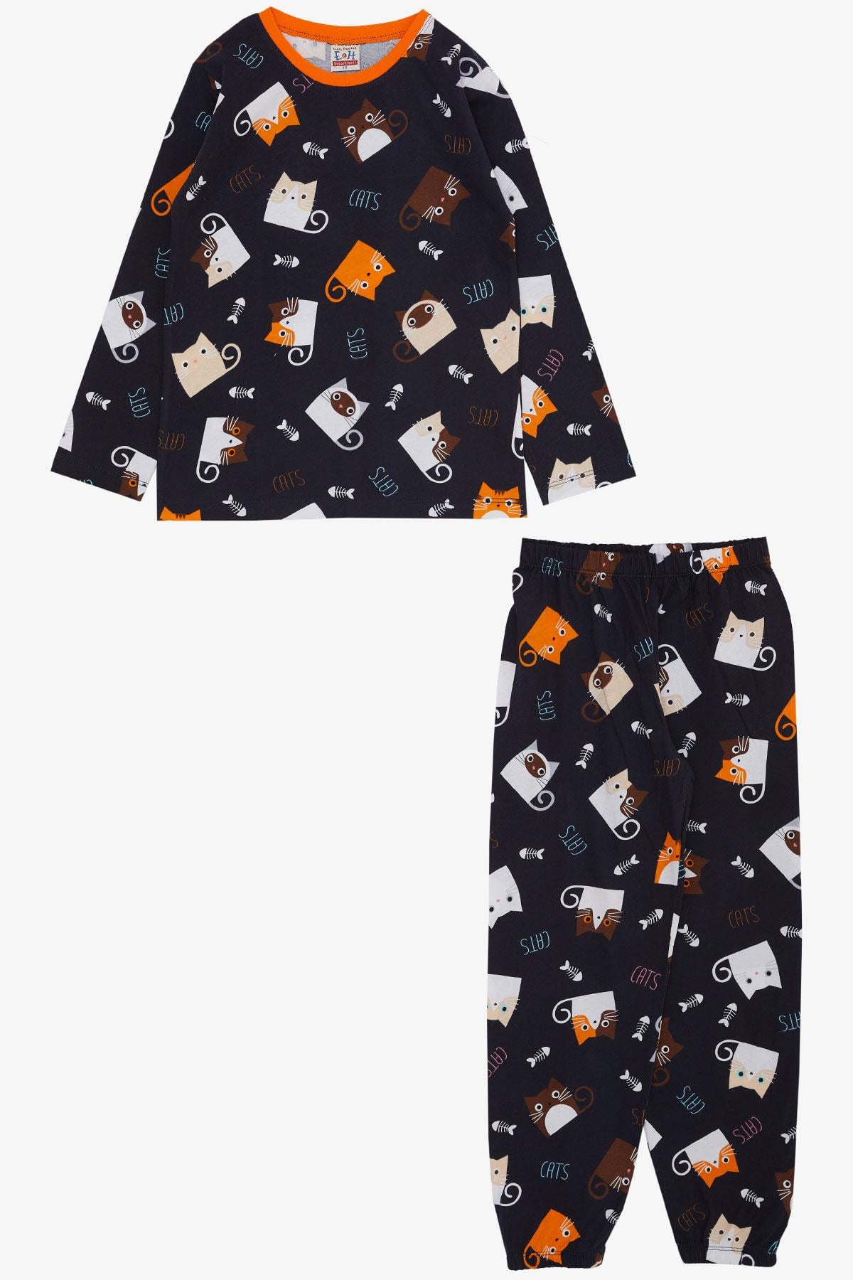 Breeze Erkek Çocuk Pijama Takımı Renkli Kedicik Desenli Lacivert (4-8 Yaş)