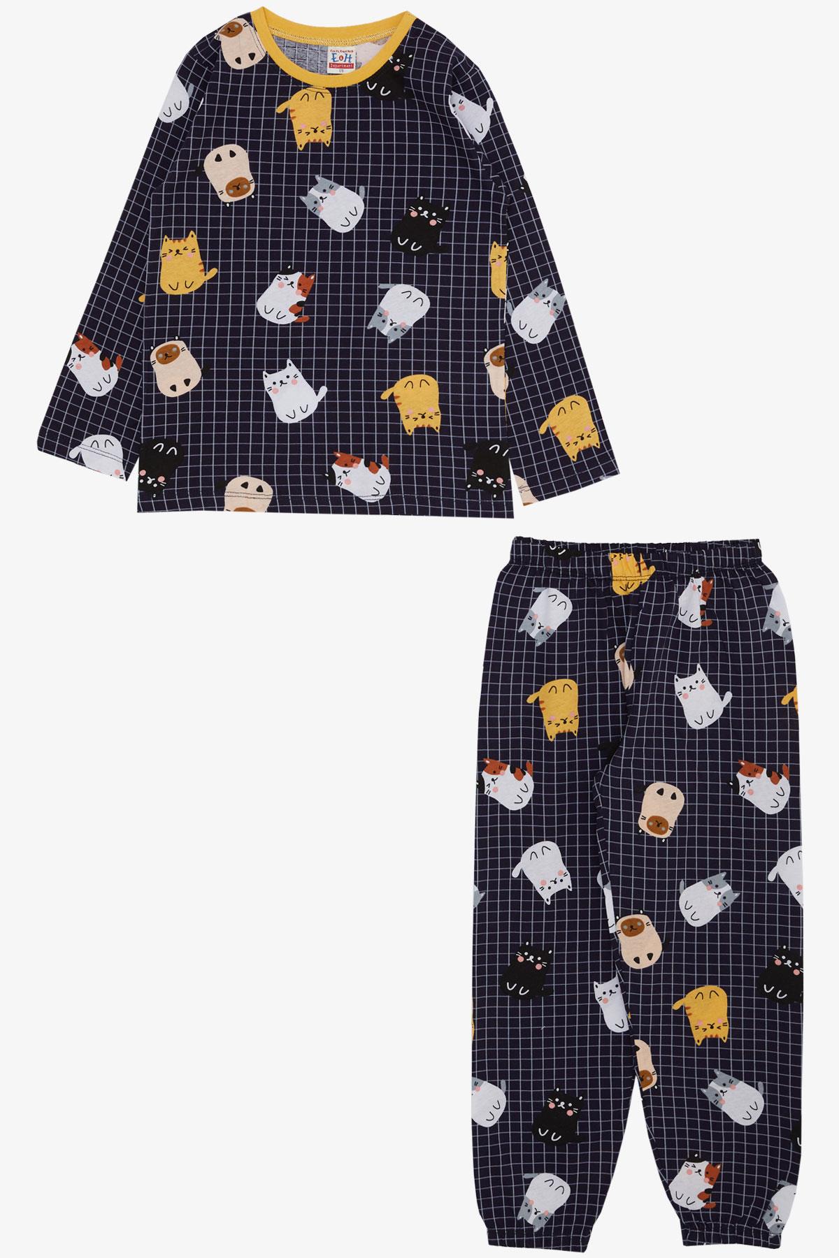 Breeze Erkek Çocuk Pijama Takımı Renkli Kedicik & Kare Desenli Lacivert (4-8 Yaş)