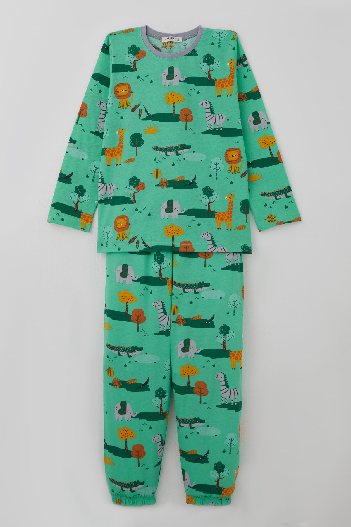 Breeze Erkek Çocuk Pijama Takımı Safari Temalı Sevimli Hayvancıklar Desenli Yeşil (4-8 Yaş)