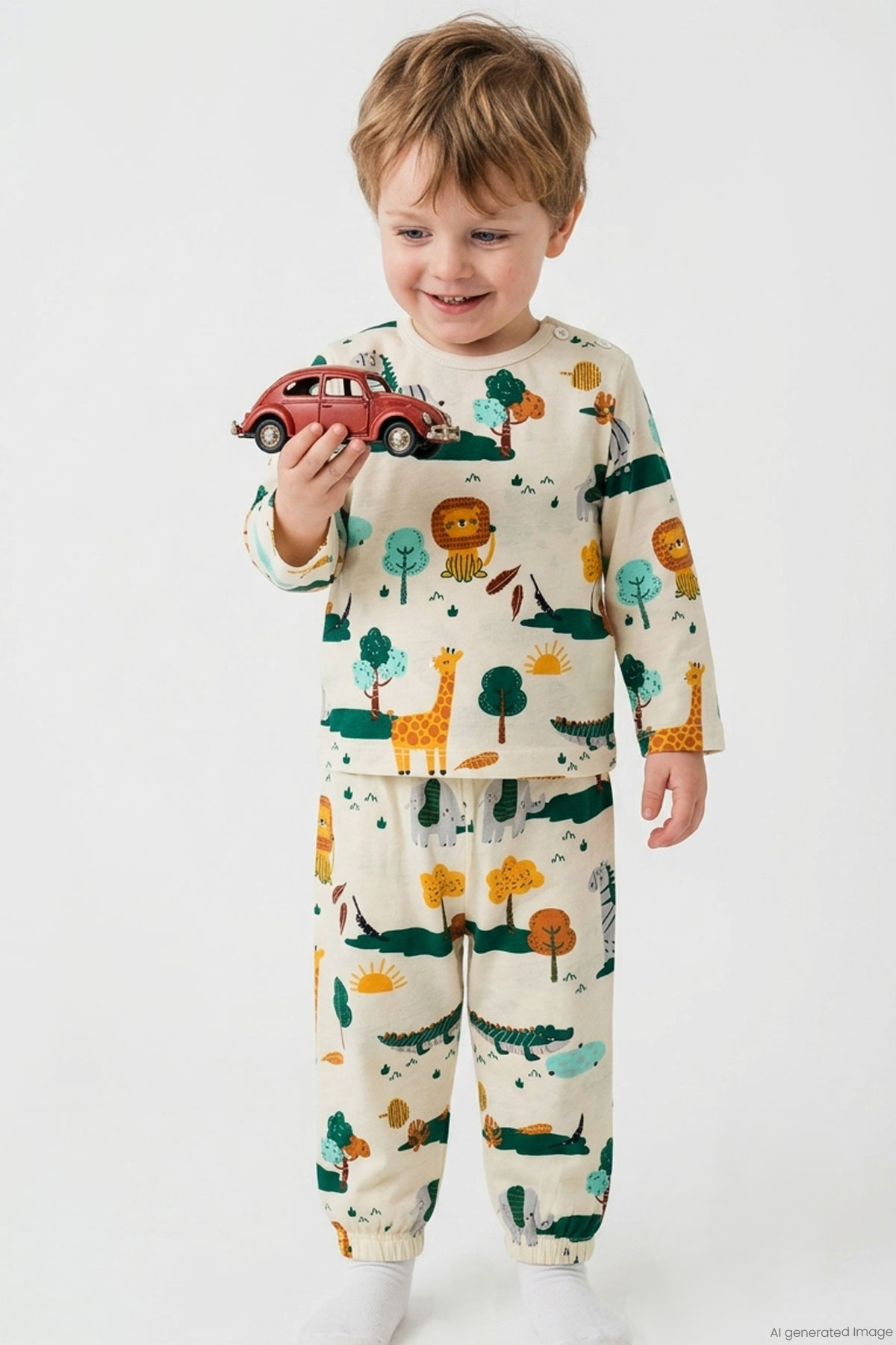 Breeze Erkek Çocuk Pijama Takımı Safari Temalı Sevimli Hayvancıklar Desenli Sarı (9 Ay-3 Yaş)